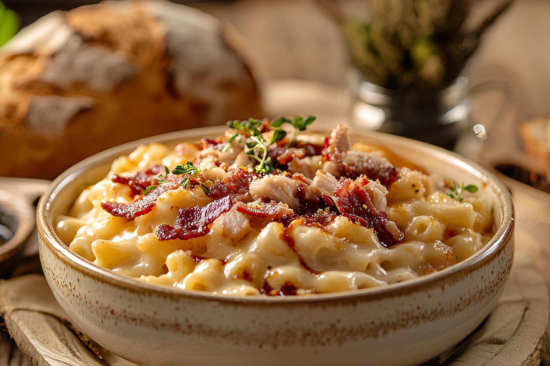 BBQ Chicken Mac and Cheese (Elbow macaroni, cheesy Alfredo blend, chicken, bacon, and BBQ sauce)