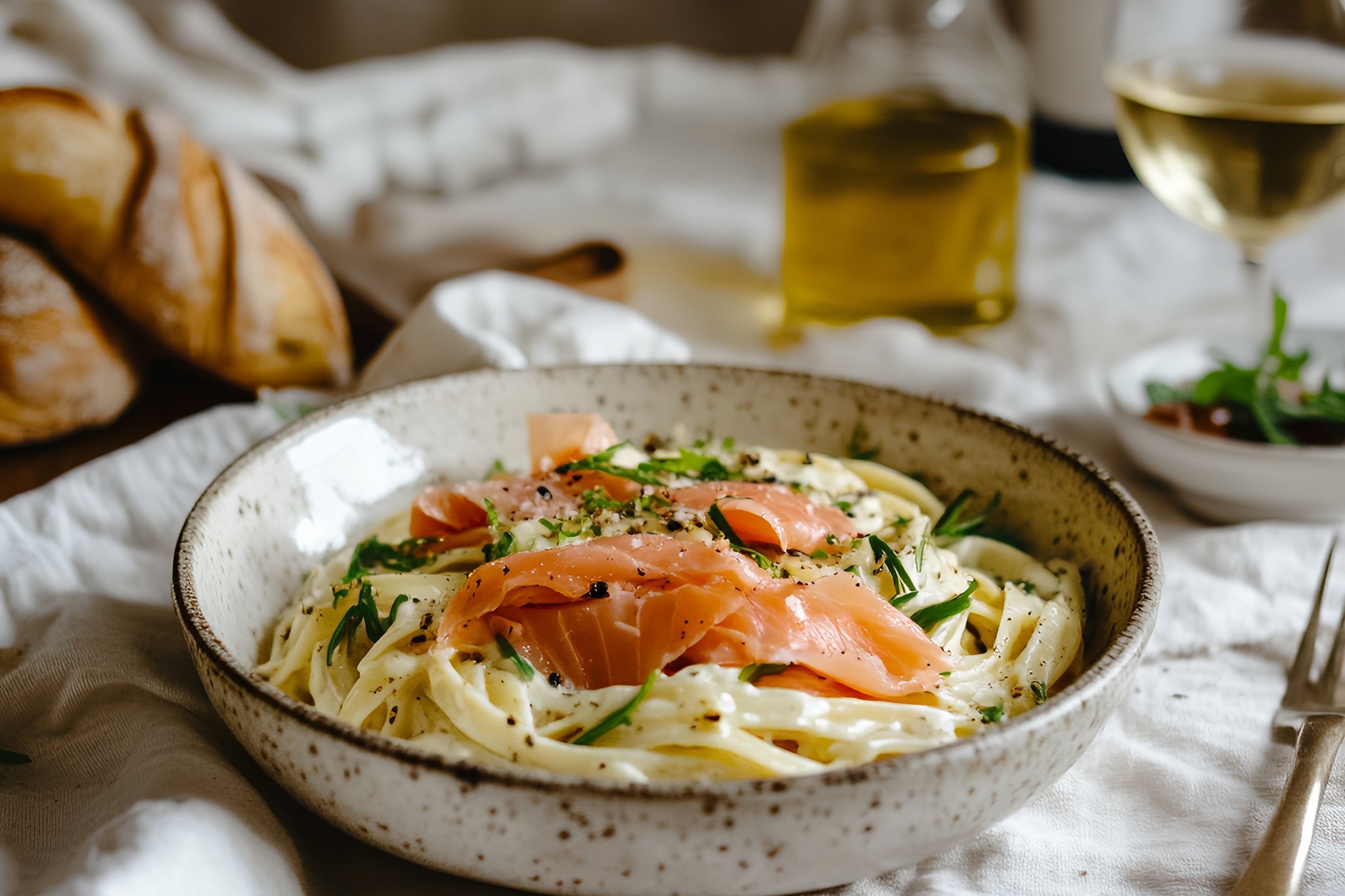 Smoked Salmon Alfredo (Pasta, Smoked Salmon, Alfredo Sauce, Scallions, Lemon Olive Oil)