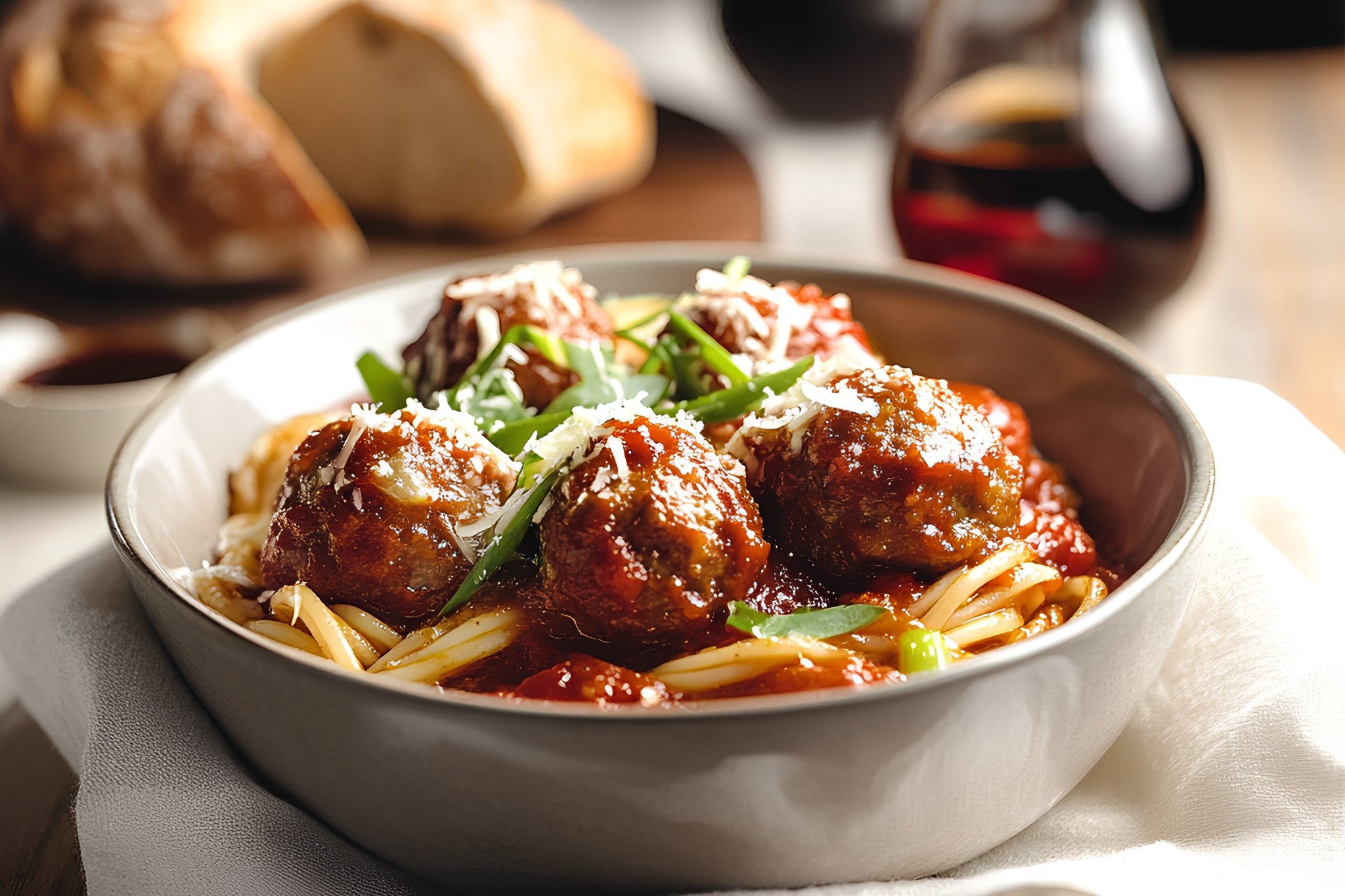Meatballs Marinara (Pasta, Meat Balls, Pomodoro Sauce, Scallions, Parmesan)
