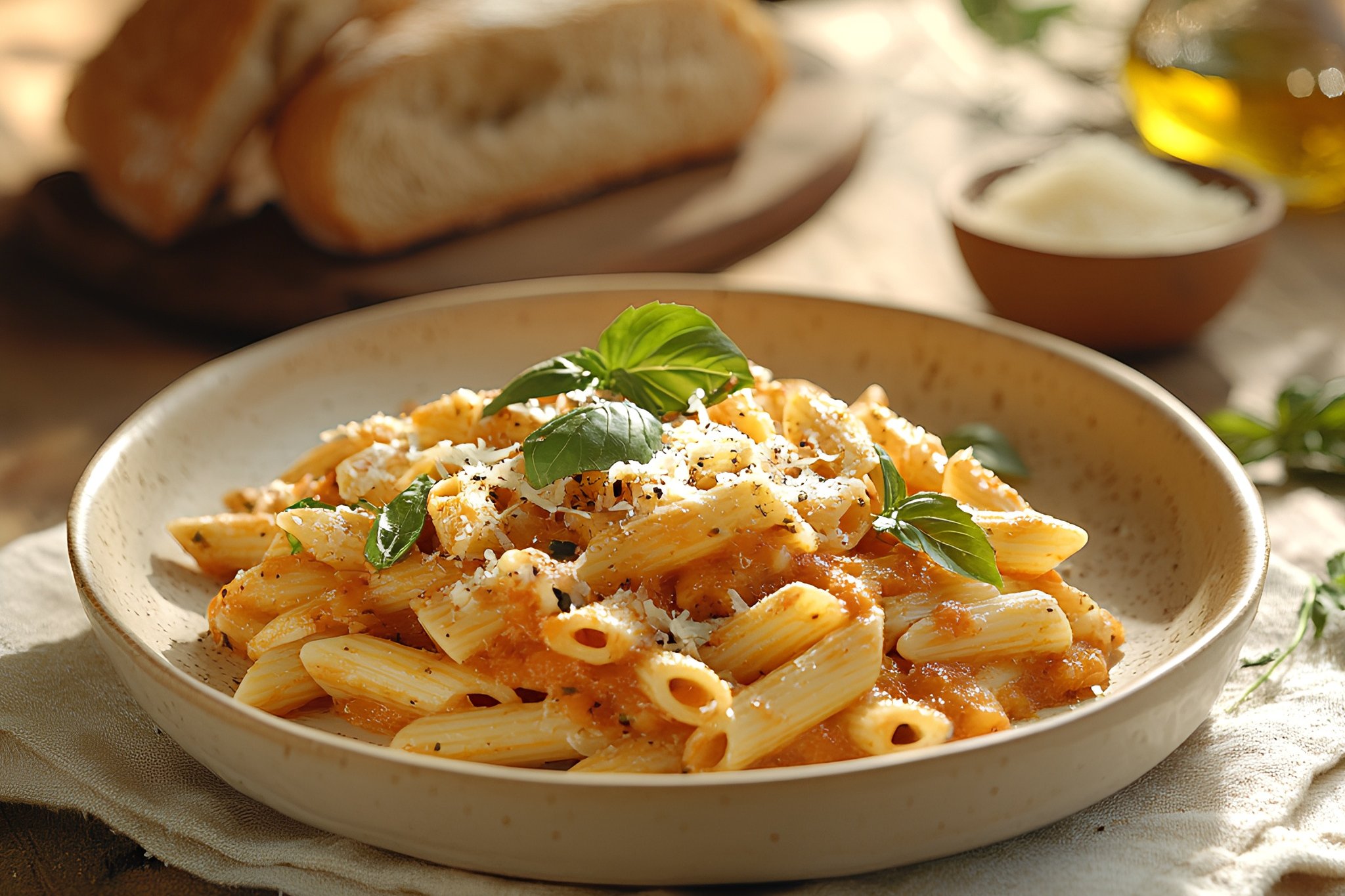 Penne alla Vodka (Penne pasta in our Homemade vodka sauce, and topped with fresh Parmesan cheese)
