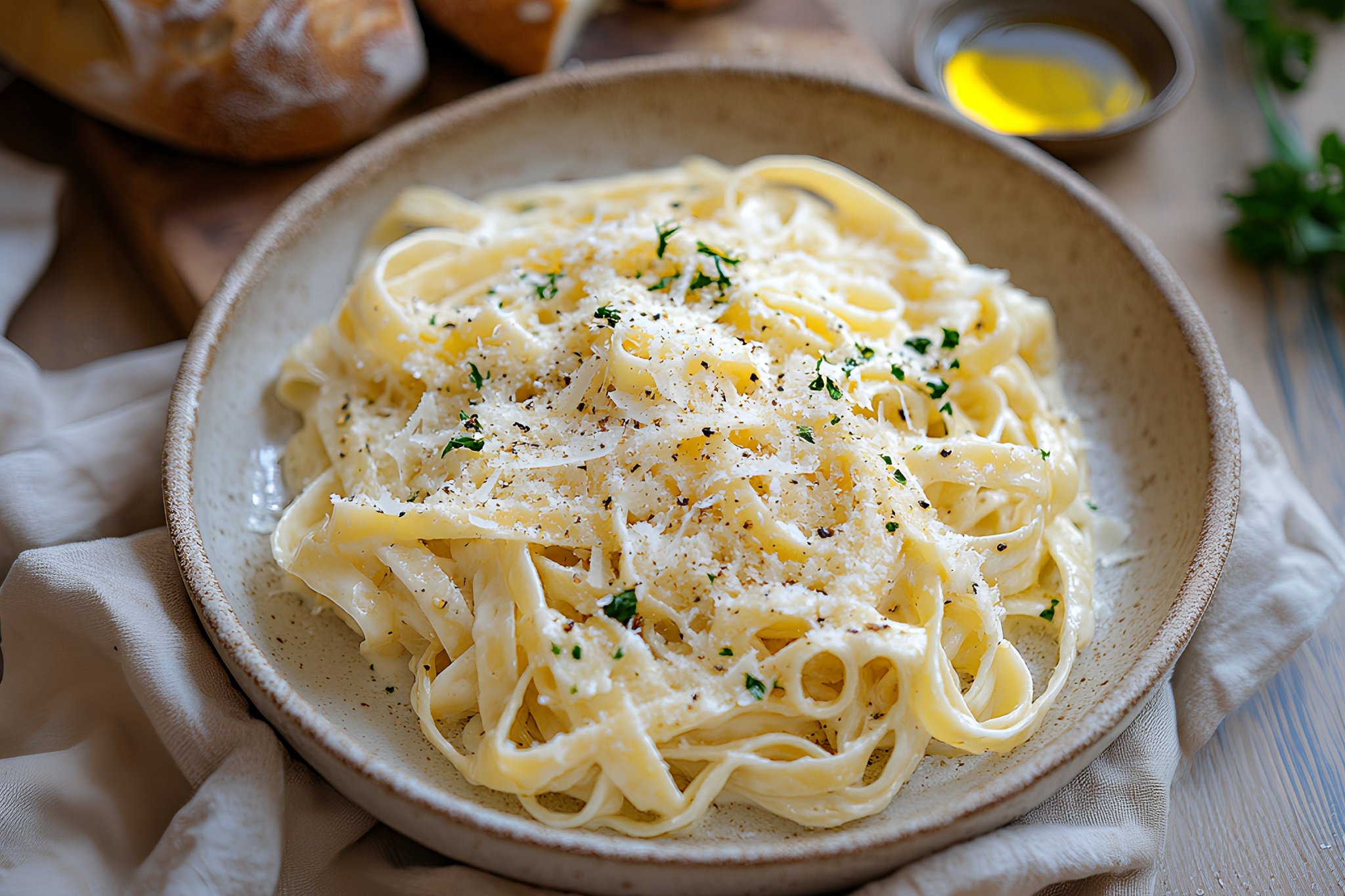 Fettuccine Alfredo (Fettuccine in Homemade Alfredo sauce topped with fresh Parmesan cheese)