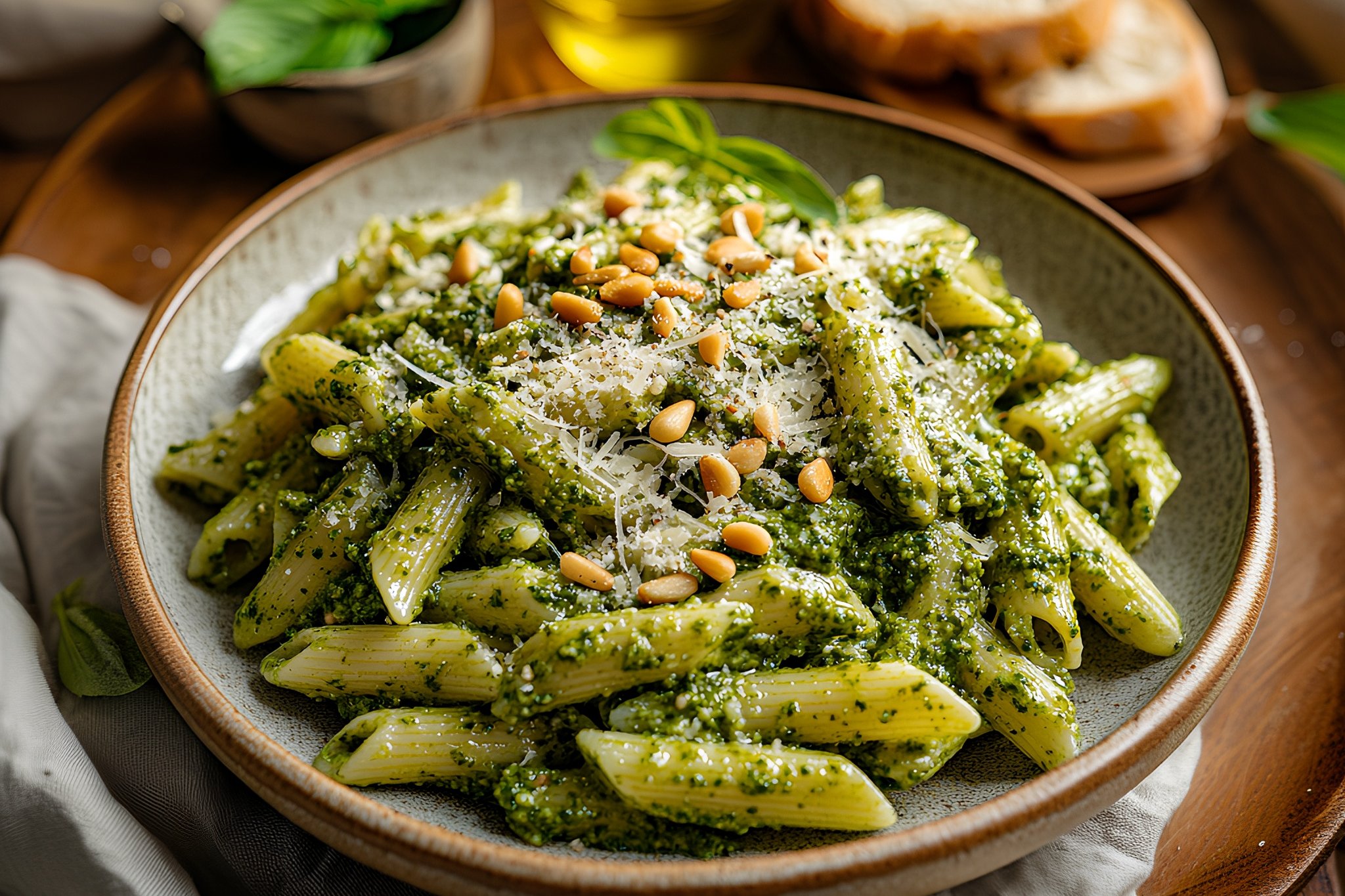 Penne Pesto (Penne Pasta, Homemade Pesto/non dairy Sauce)