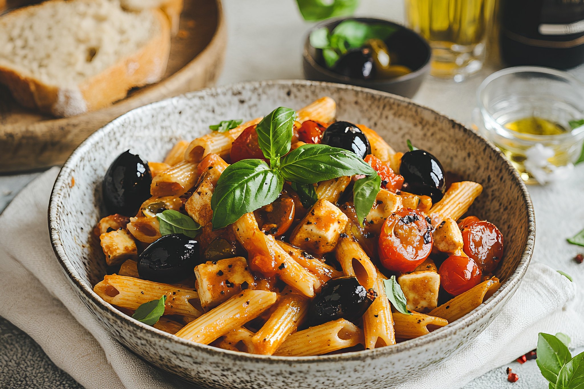 Vegan (Pasta, Tofu, Tomato Sauce, Fresh Basil, Black Olives, Cherry Tomatoes)