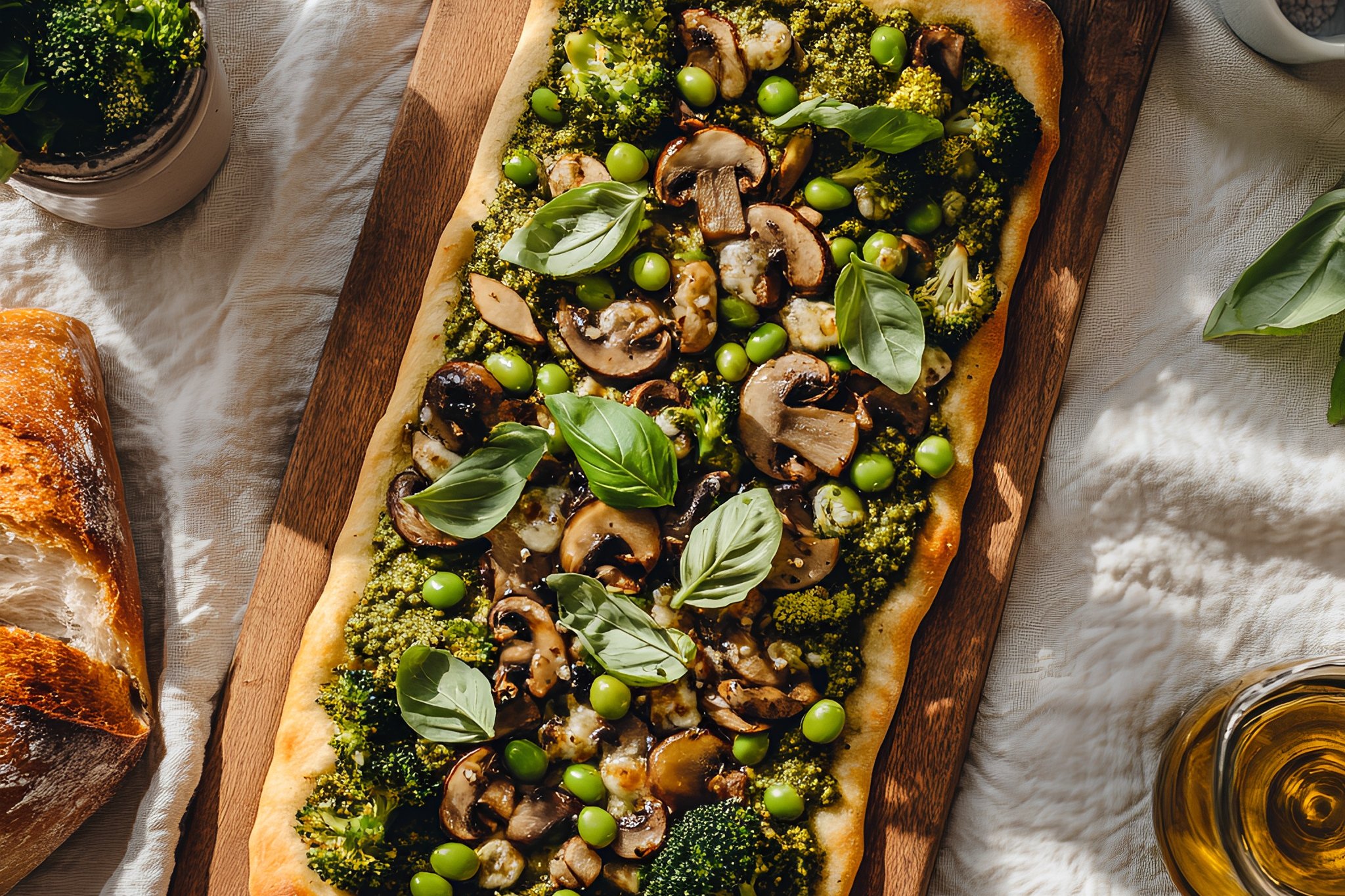 Vegan Flatbread (Pesto Sauce, Garlic, Edamame, Mushrooms, Broccoli, Basil)