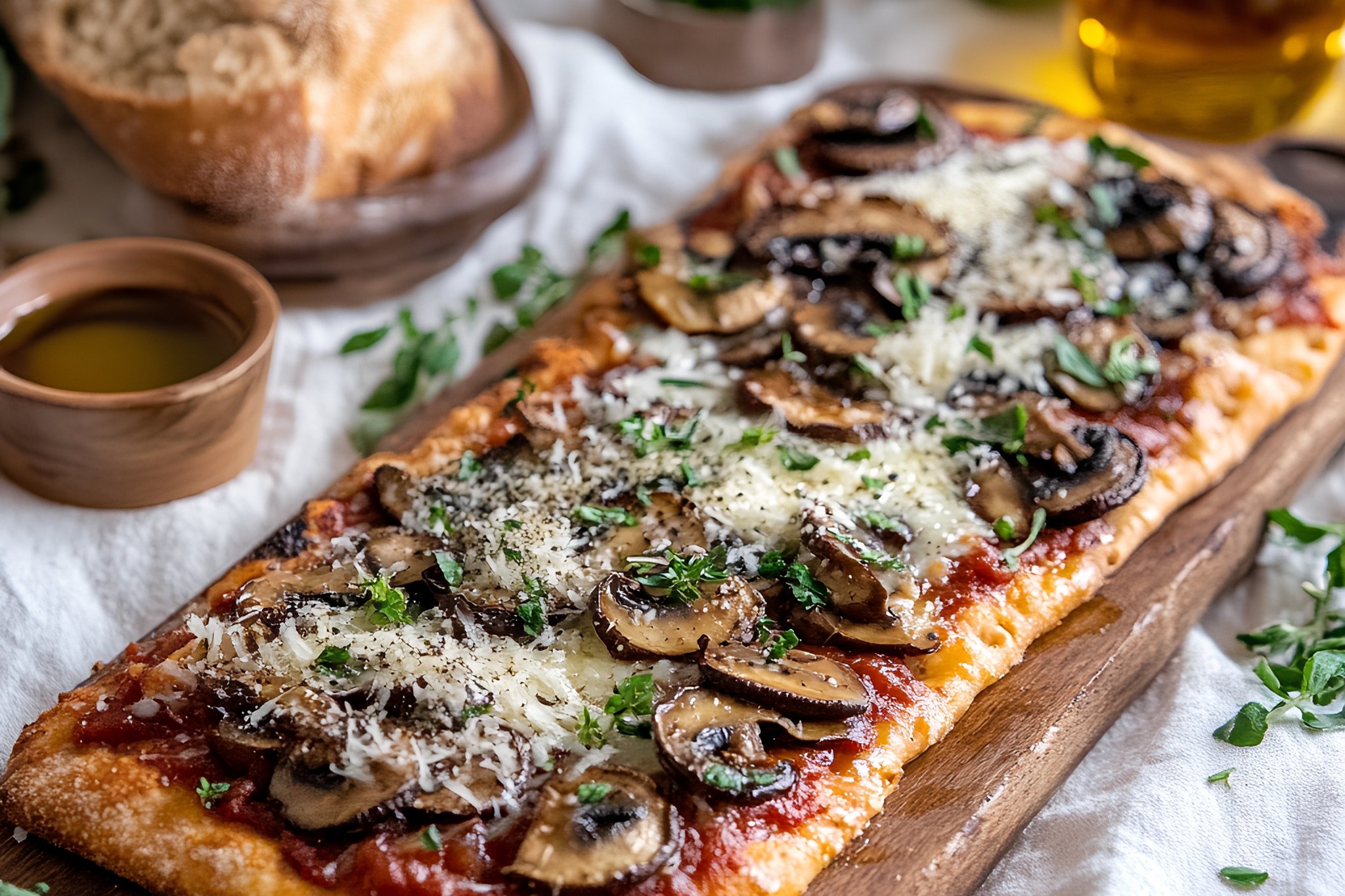 Mushroom Truffle Flatbread (Tomato Sauce, mushrooms, parmesan, truffle oil, herbs)