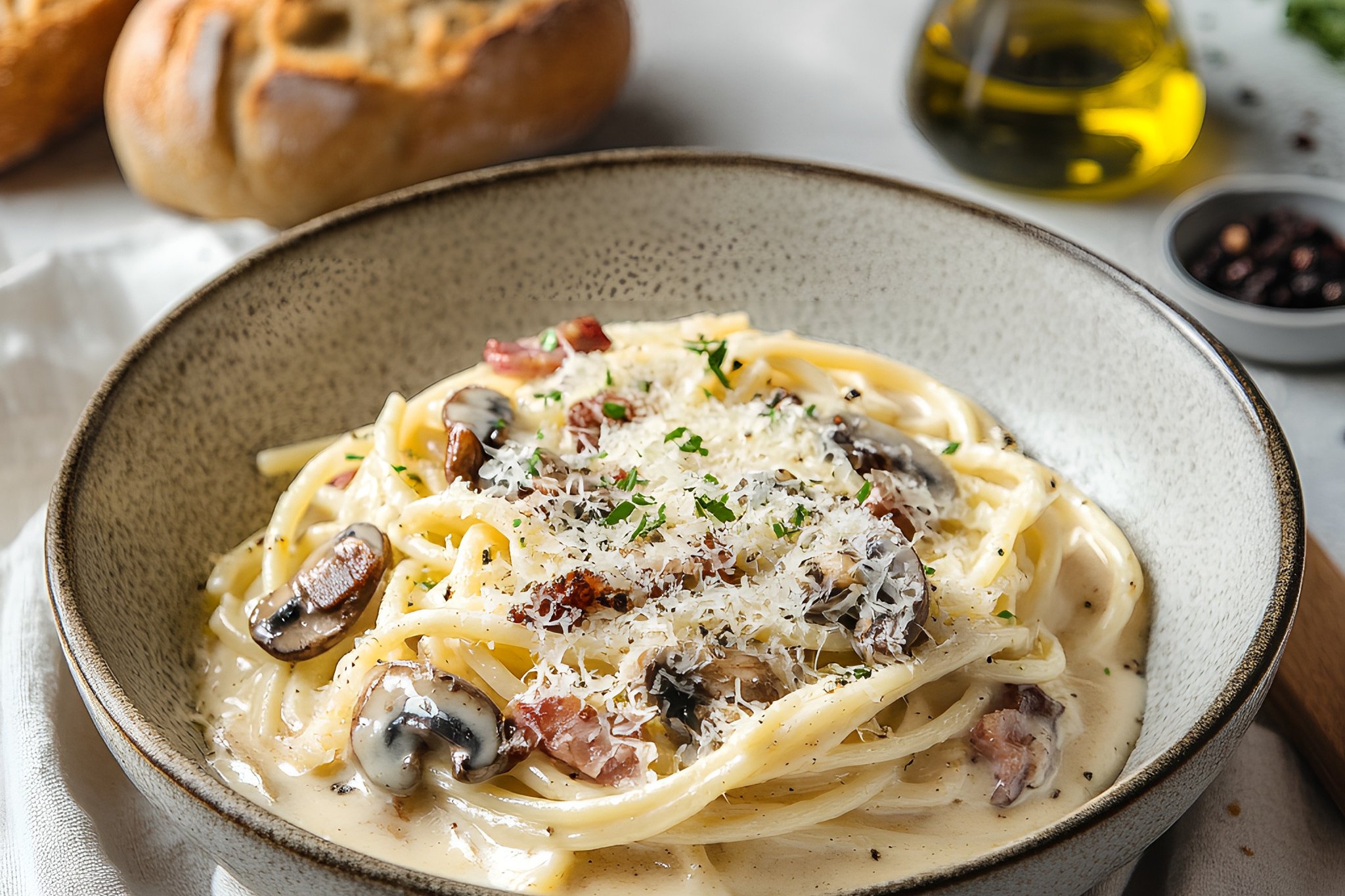 Carbonara (Pasta, Pancetta, Alfredo Sauce, Mushrooms, Parmesan)
