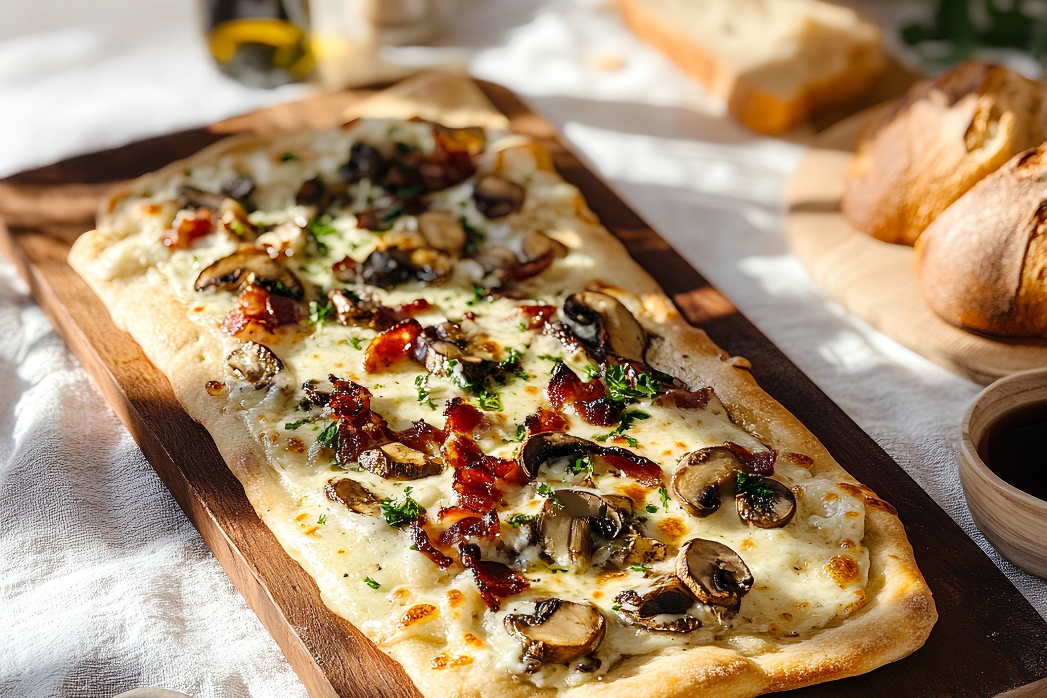 Bianca Carbonara Flatbread (Alfredo sauce, Parmesan, pancetta, mushrooms)