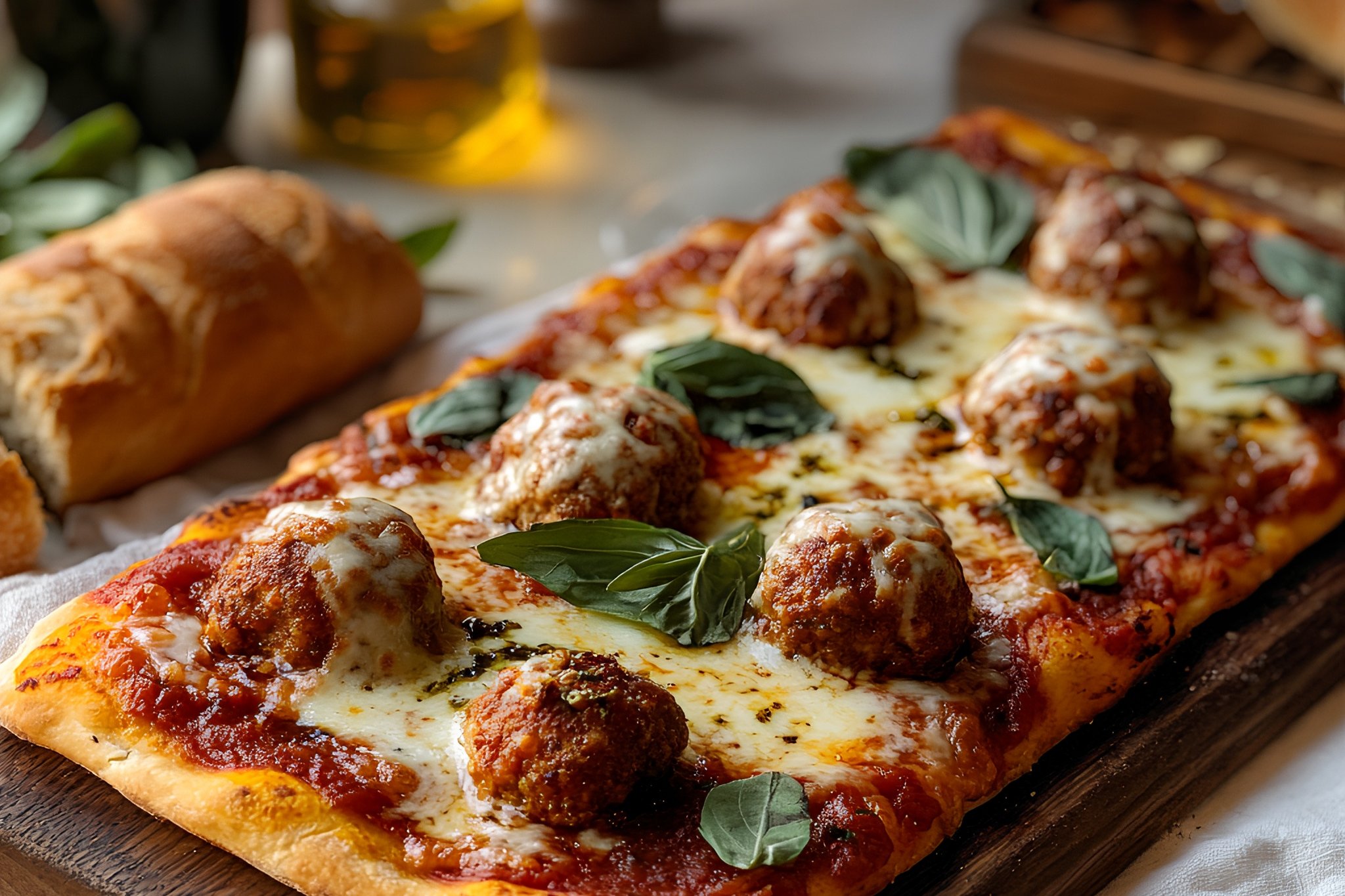 Meatball Mozzarella Flatbread (Tomato Sauce, Meatballs (3), Mozzarella, Basil)