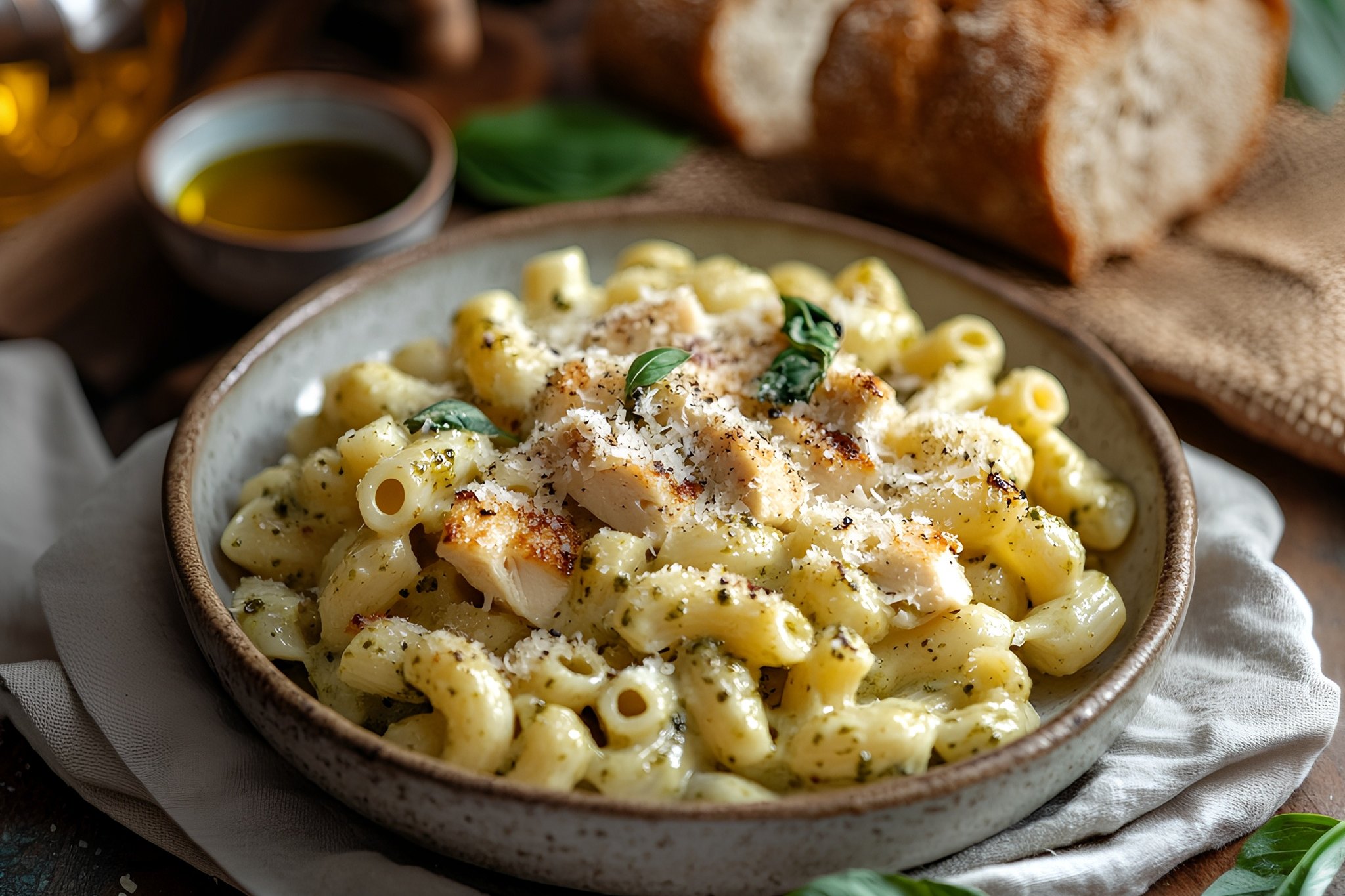 Chicken Pesto Mac and Cheese (Elbow macaroni, cheesy Alfredo blend, pesto, and chicken)