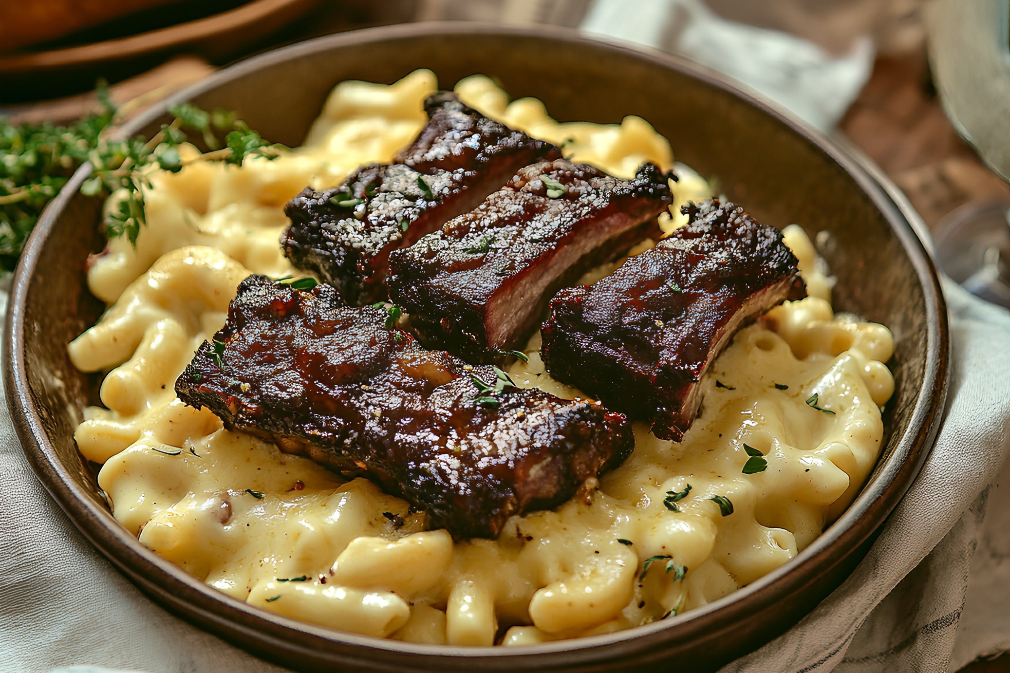 Mac & BBQ Ribs  (Elbow pasta in creamy cheesy Alfredo sauce with BBQ ribs, 4 pces)