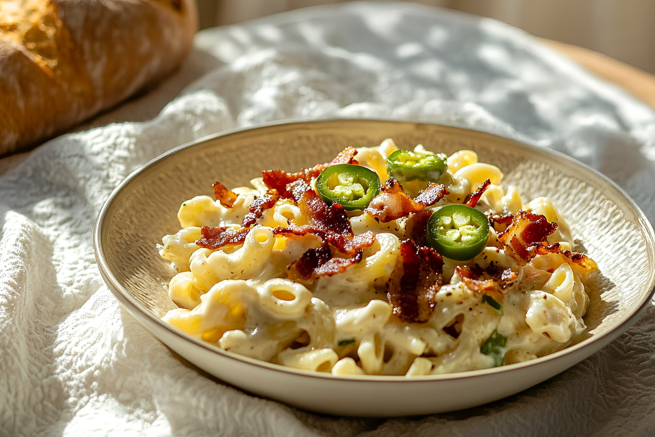 Bacon Jalapeño Mac and Cheese (Elbow macaroni, cheesy Alfredo blend, bacon, jalapeños, onions, and bell peppers)