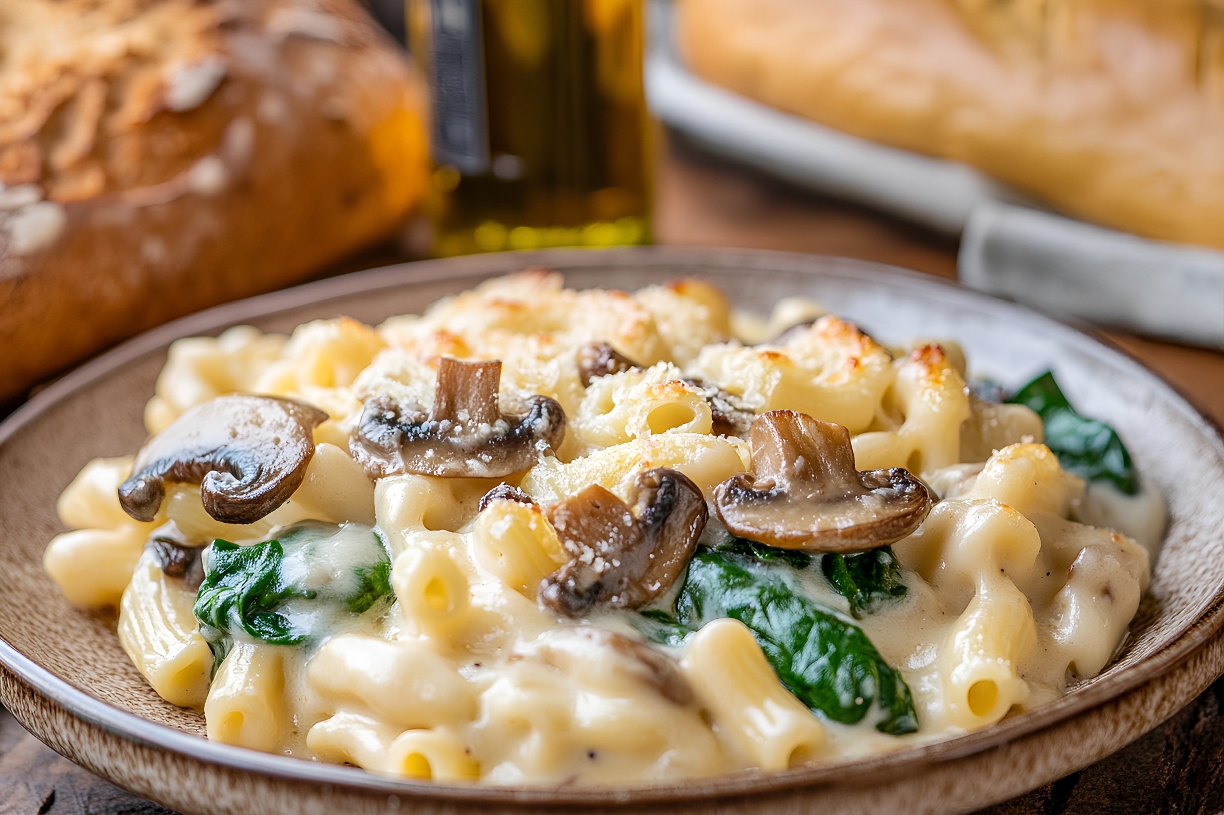 Mushrooms Spinach Mac and Cheese (Elbow macaroni, cheesy Alfredo blend, spinach, and mushrooms