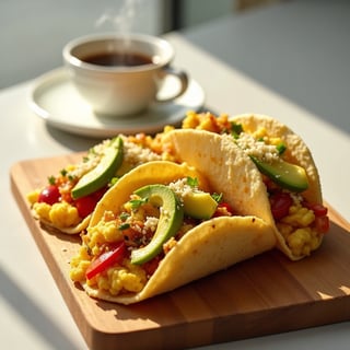3 breakfast tacos with small coffee