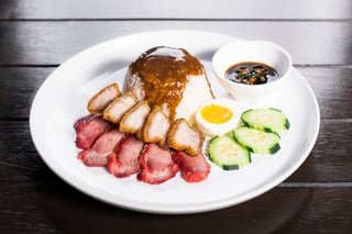 BBQ Pork & Crispy Pork Belly over Rice