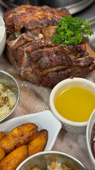 Garlic Stuffed Pork Roast, Empanada, Dessert, Beverage