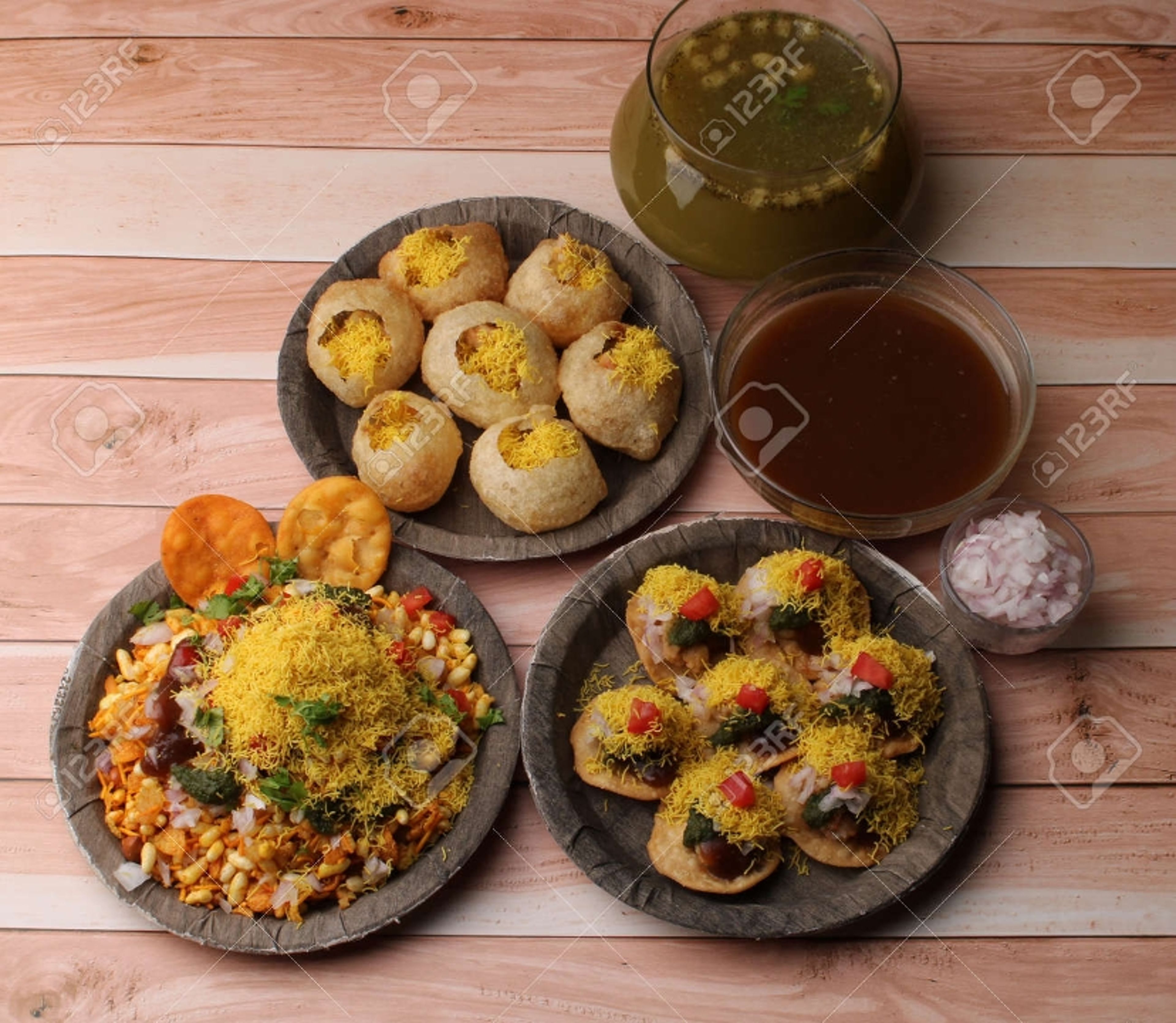 Royal Chaat (Paani Puri, Samosa Chaat, Sev Dahi Puri).