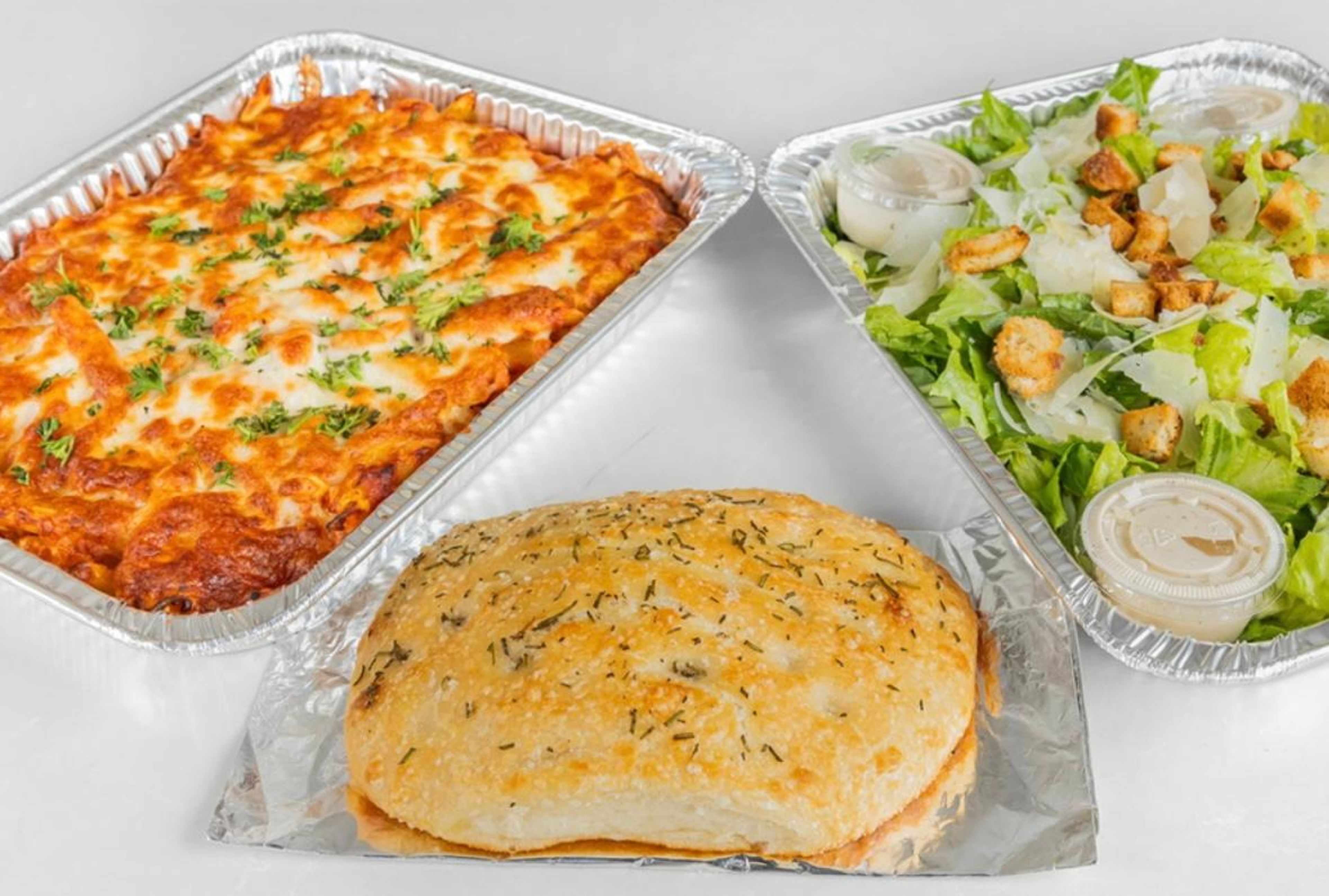 Family Baked Ziti + Focaccia + Family Salad.