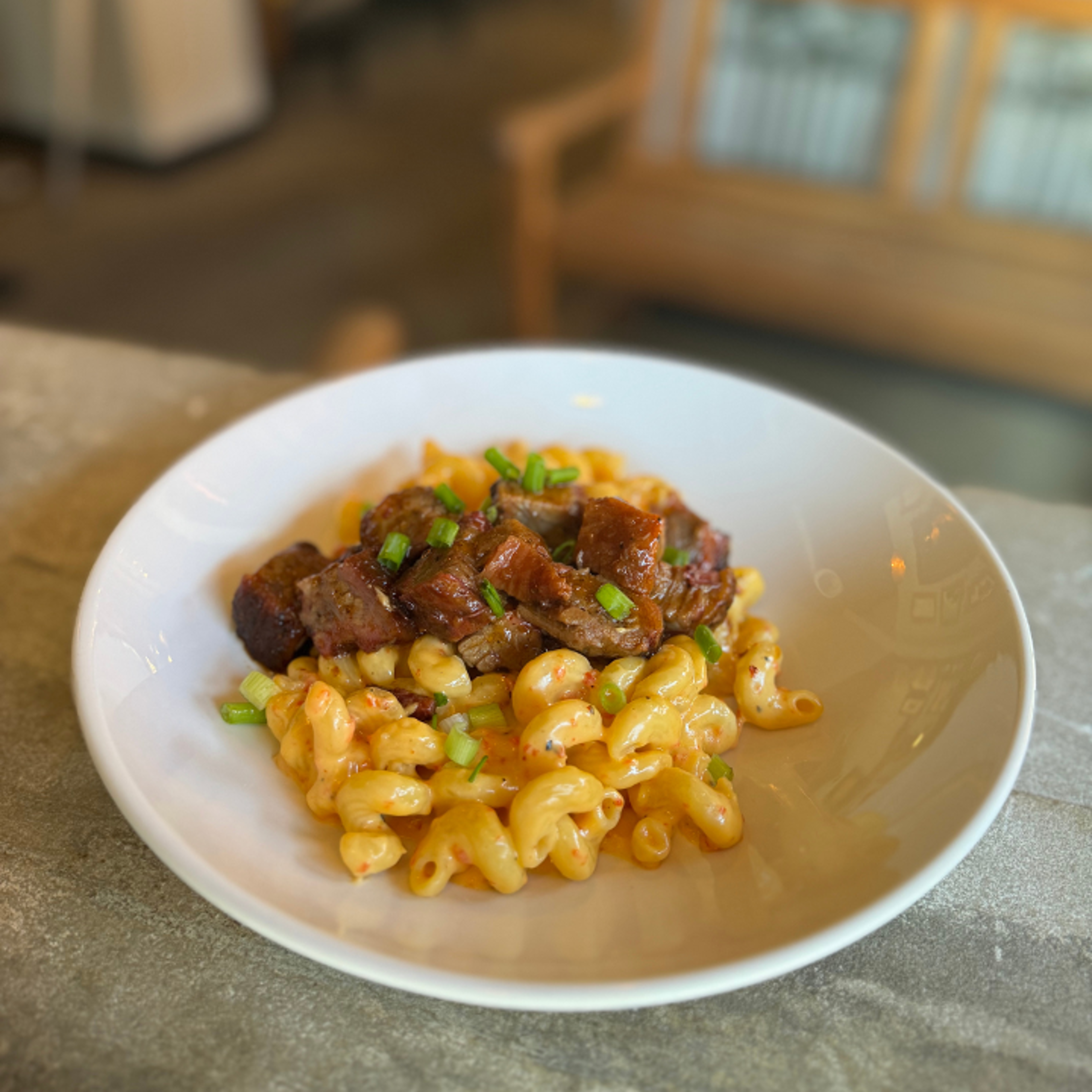 Brisket Burnt Ends with Mac N Cheese.