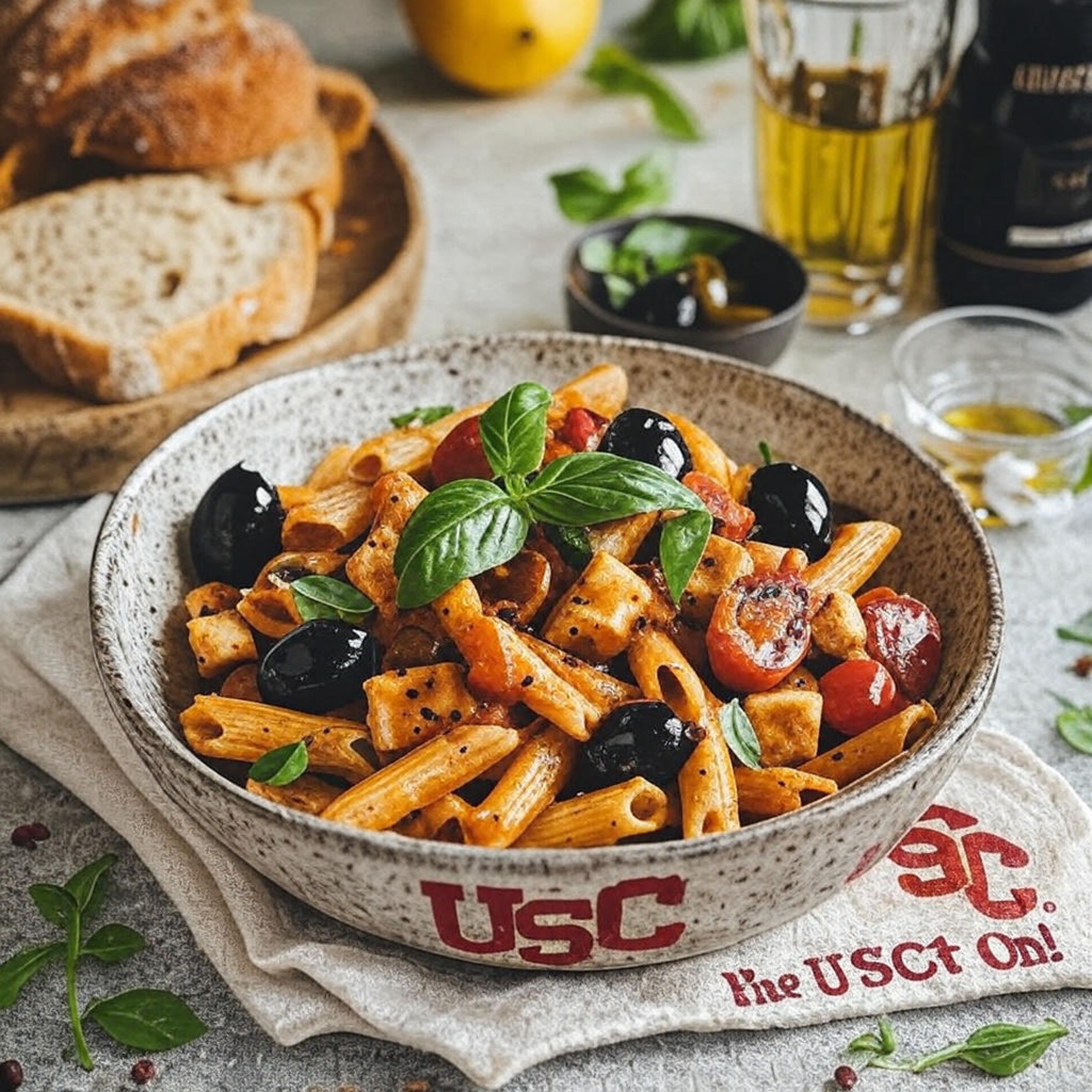 Village Veggie Pasta (Pasta,Tofu, Tomato Sauce, Basil, Olives, Tomato).