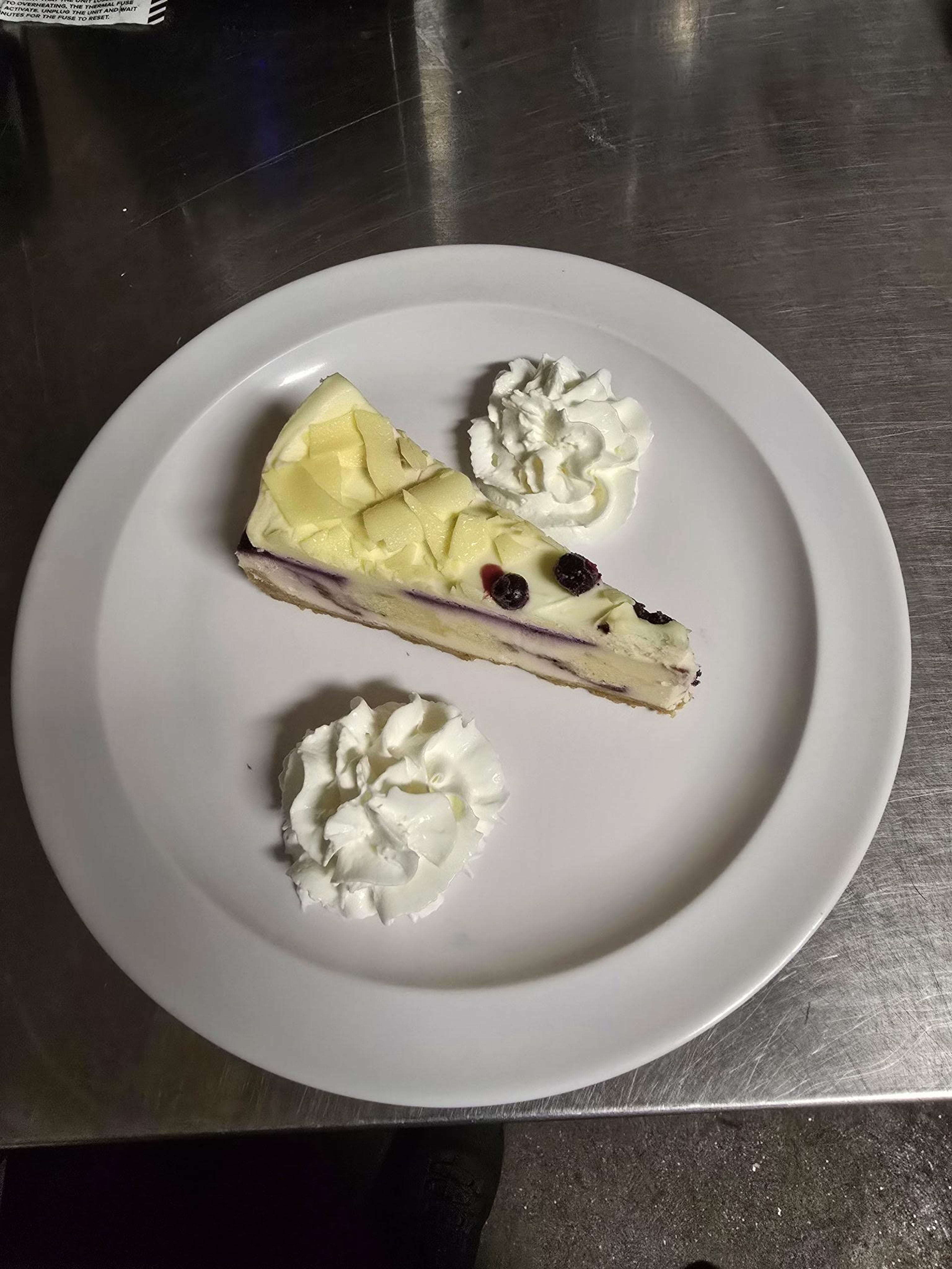 White Chocolate Blueberry Cheesecake.