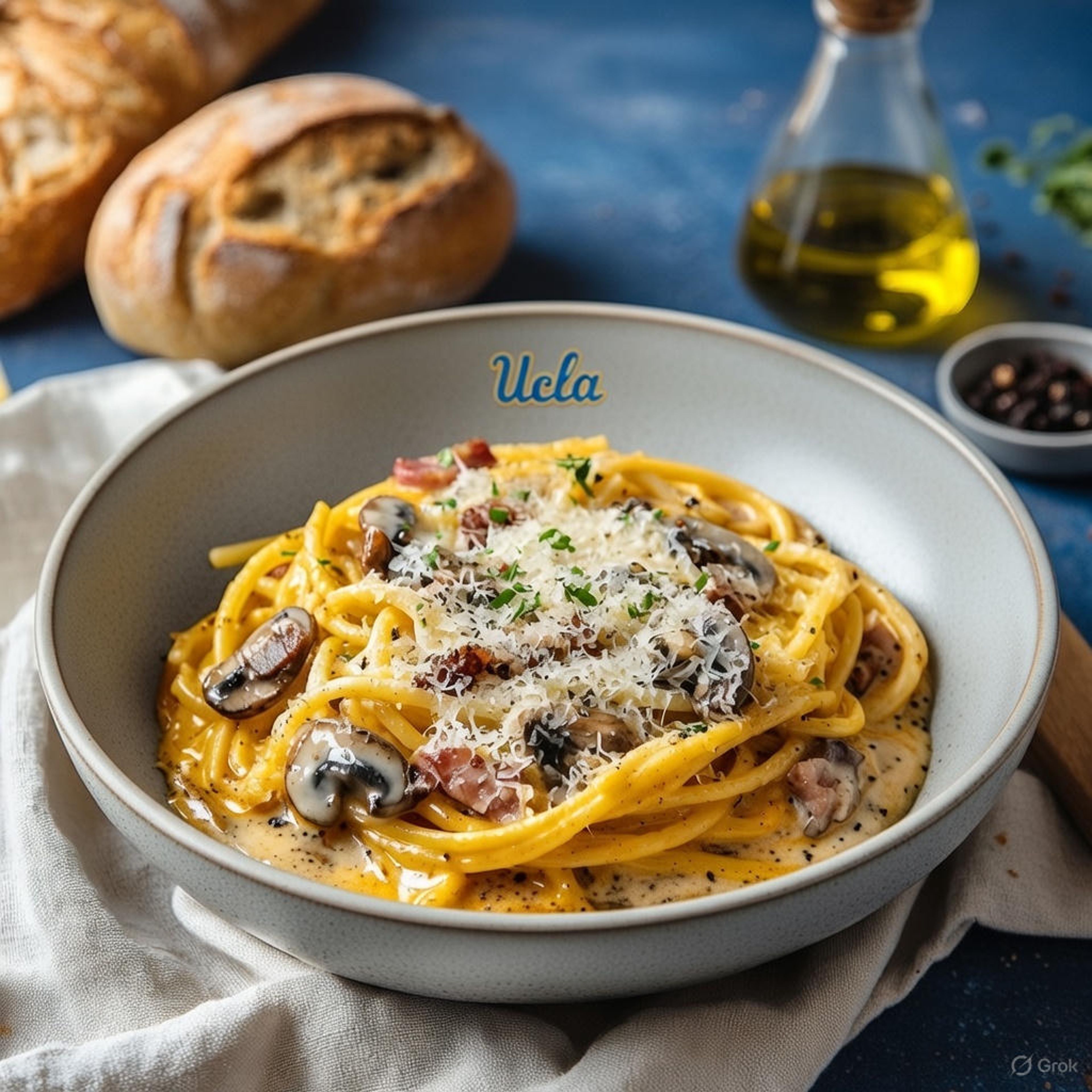 Royce Hall Carbonara (Pasta, Pancetta, Alfredo Sauce, Mushrooms, Parmesan).