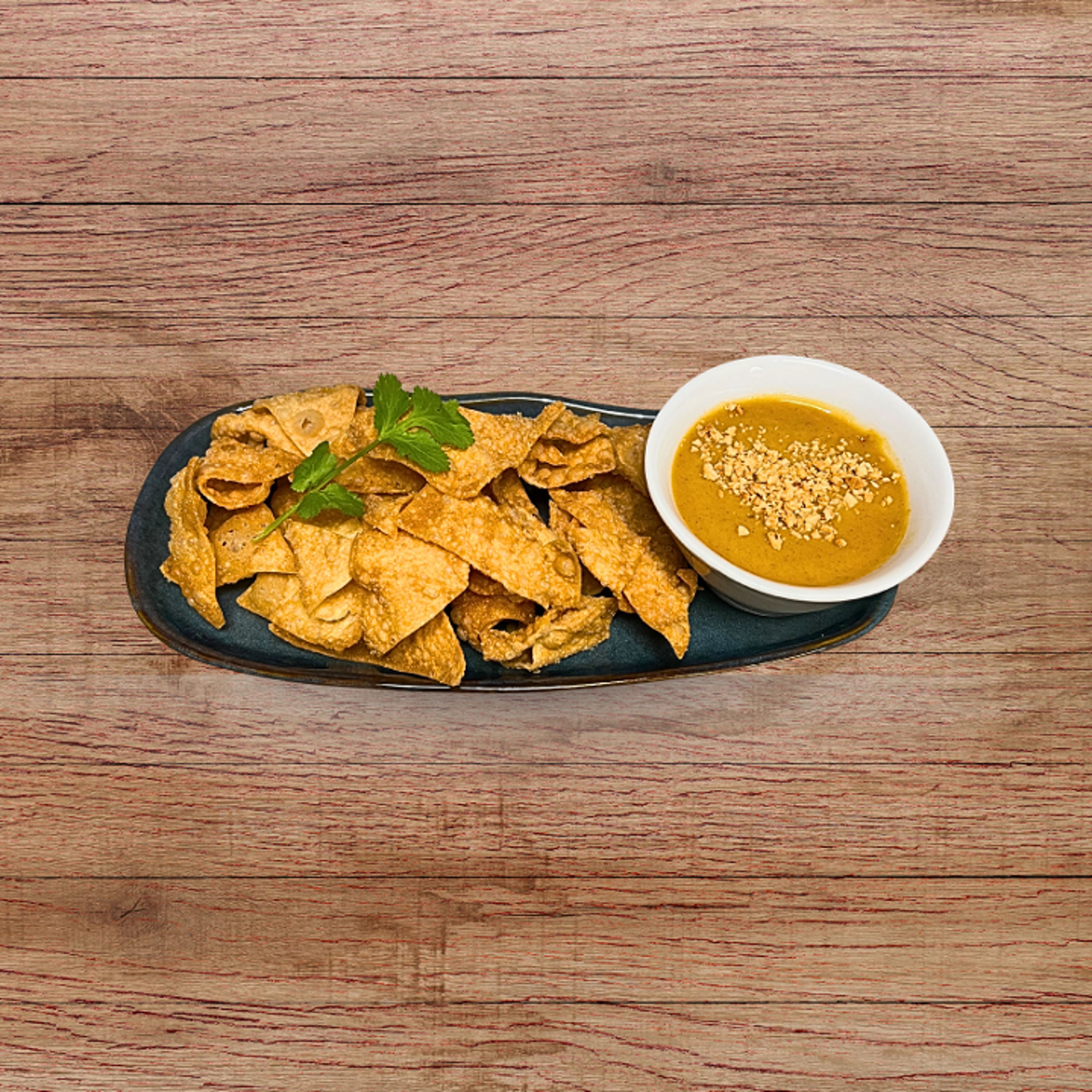 PEANUT DIP & WONTON CHIPS.