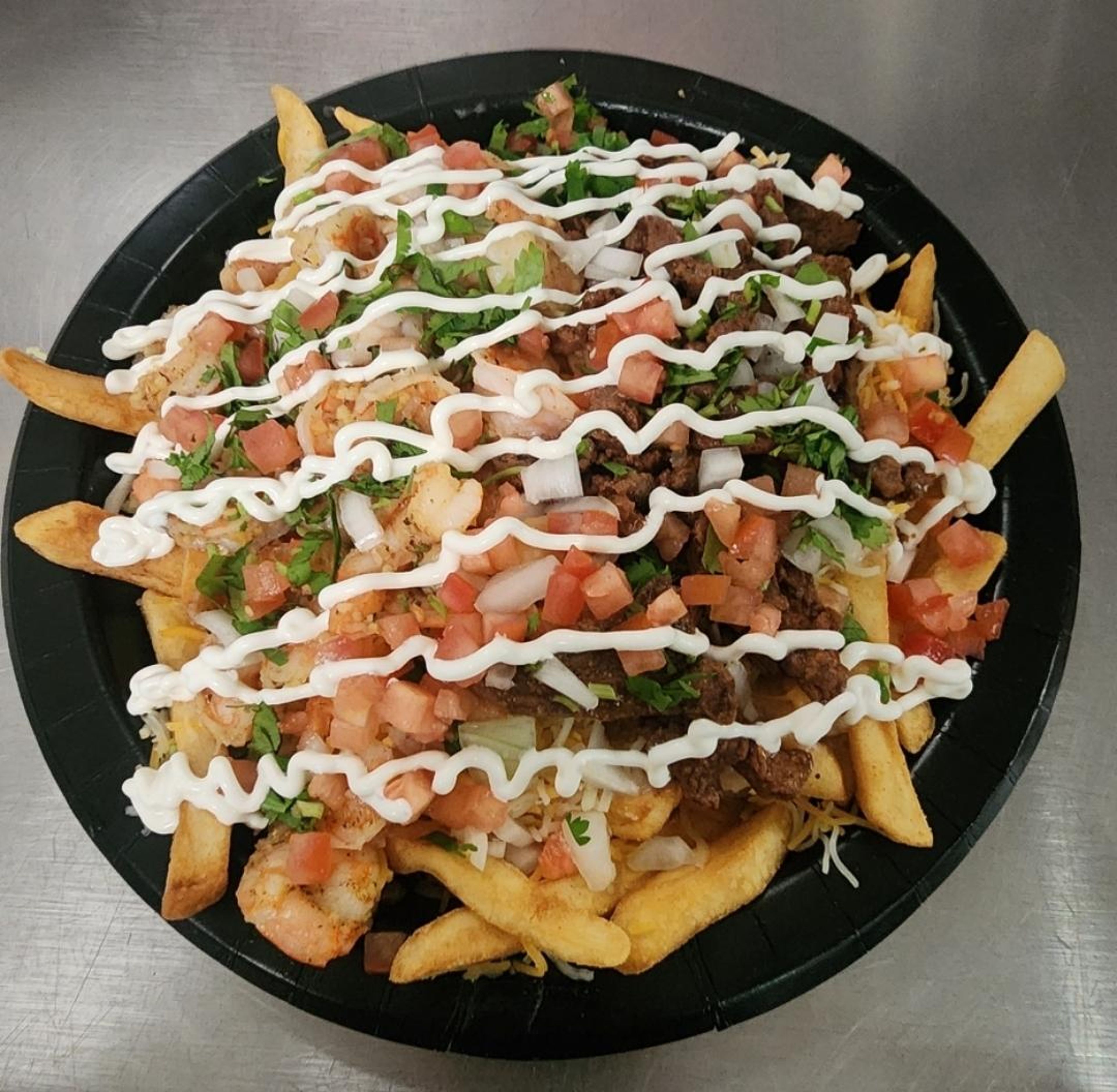 SURF & TURF, asada, shrimp, FRIES.