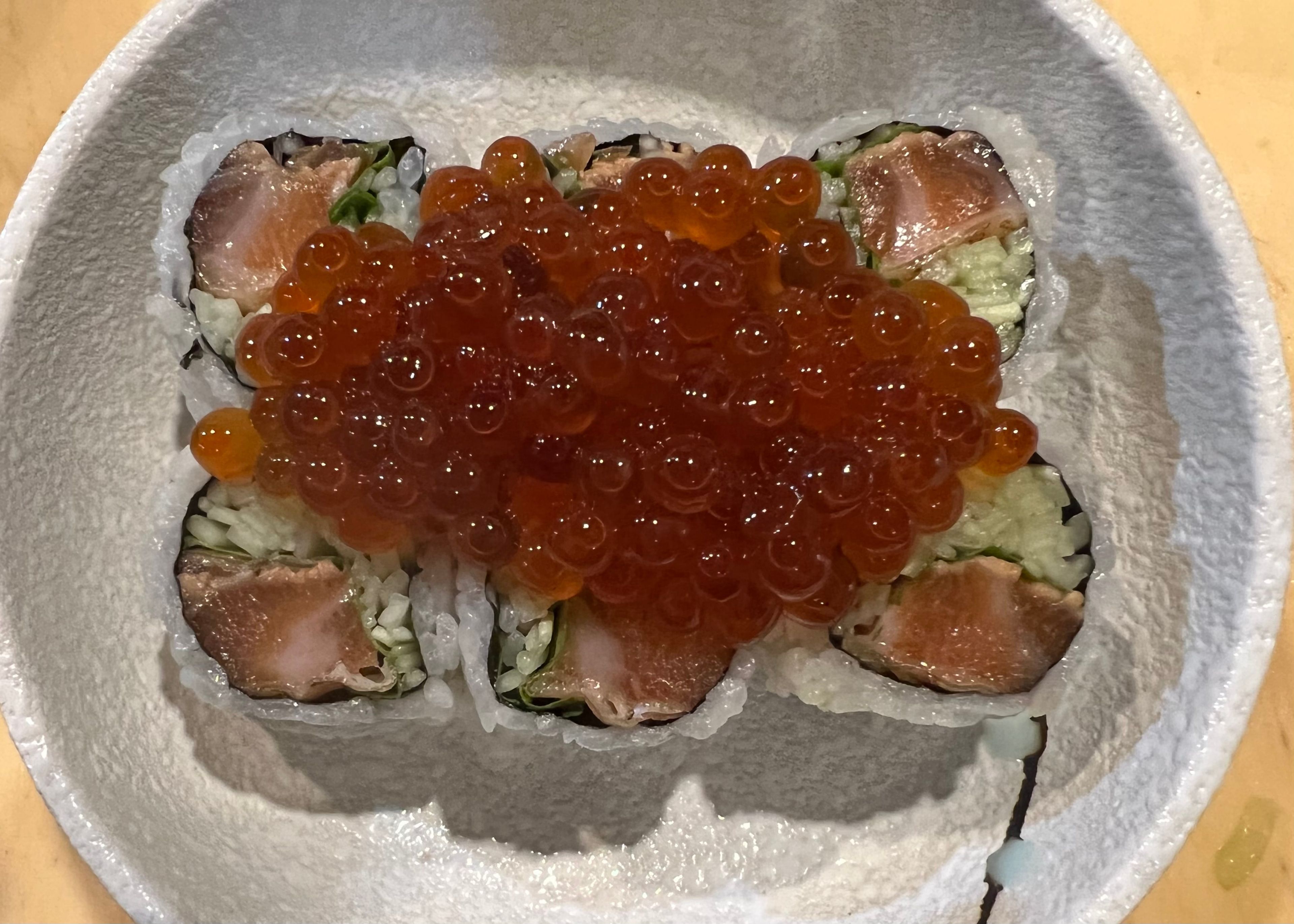 Seared Salmon Ikura Roll.