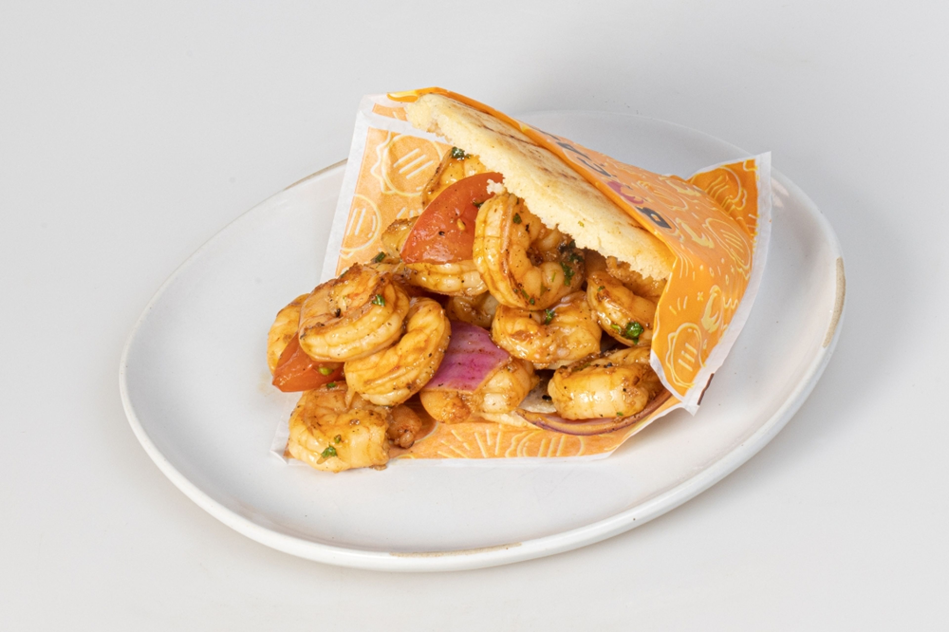 Arepa Wok-Smoked shrimp.