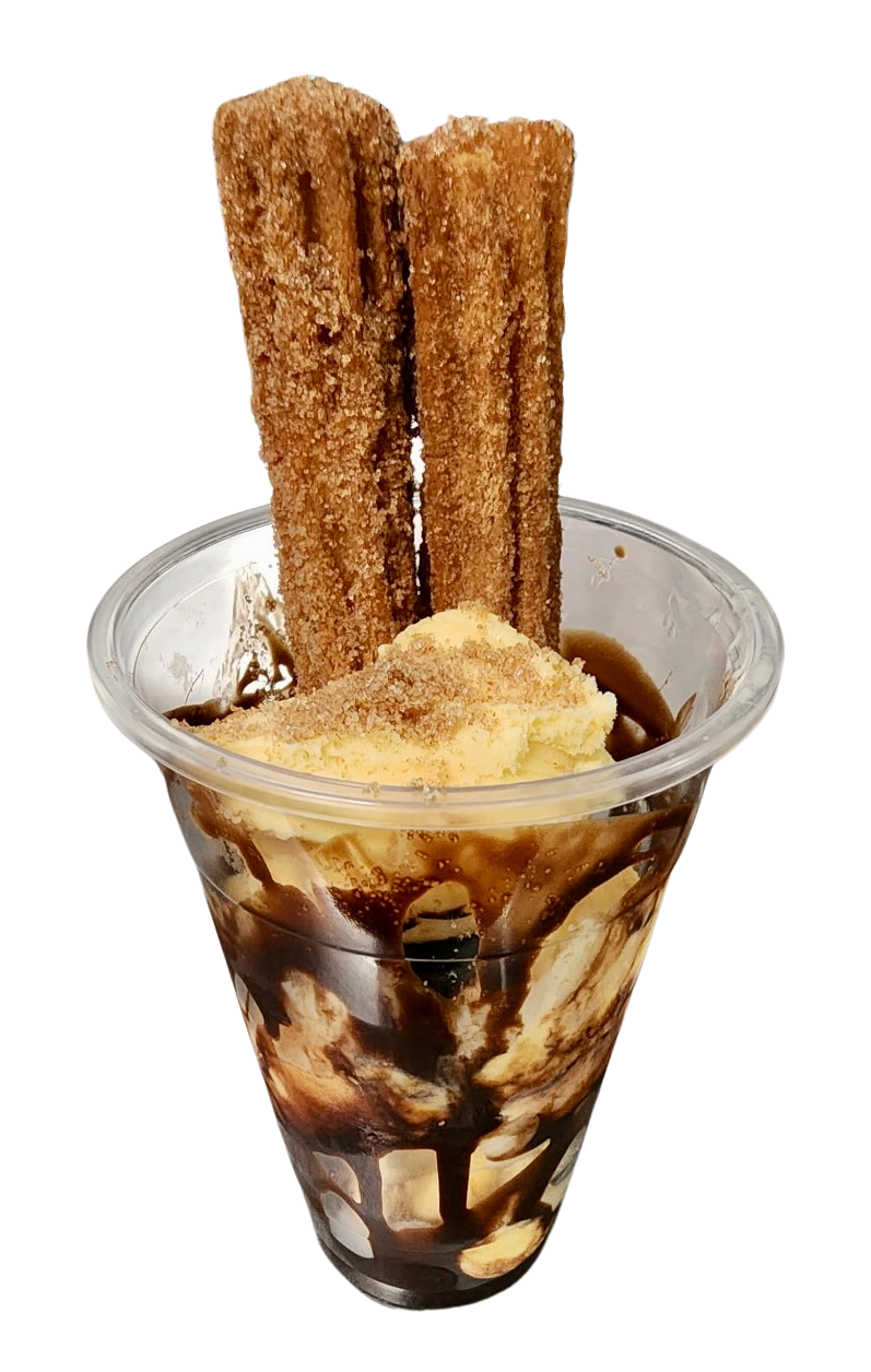 2 CHURRO VANILLA ICE CREAM WITH CHOCOLATE SYRUP.