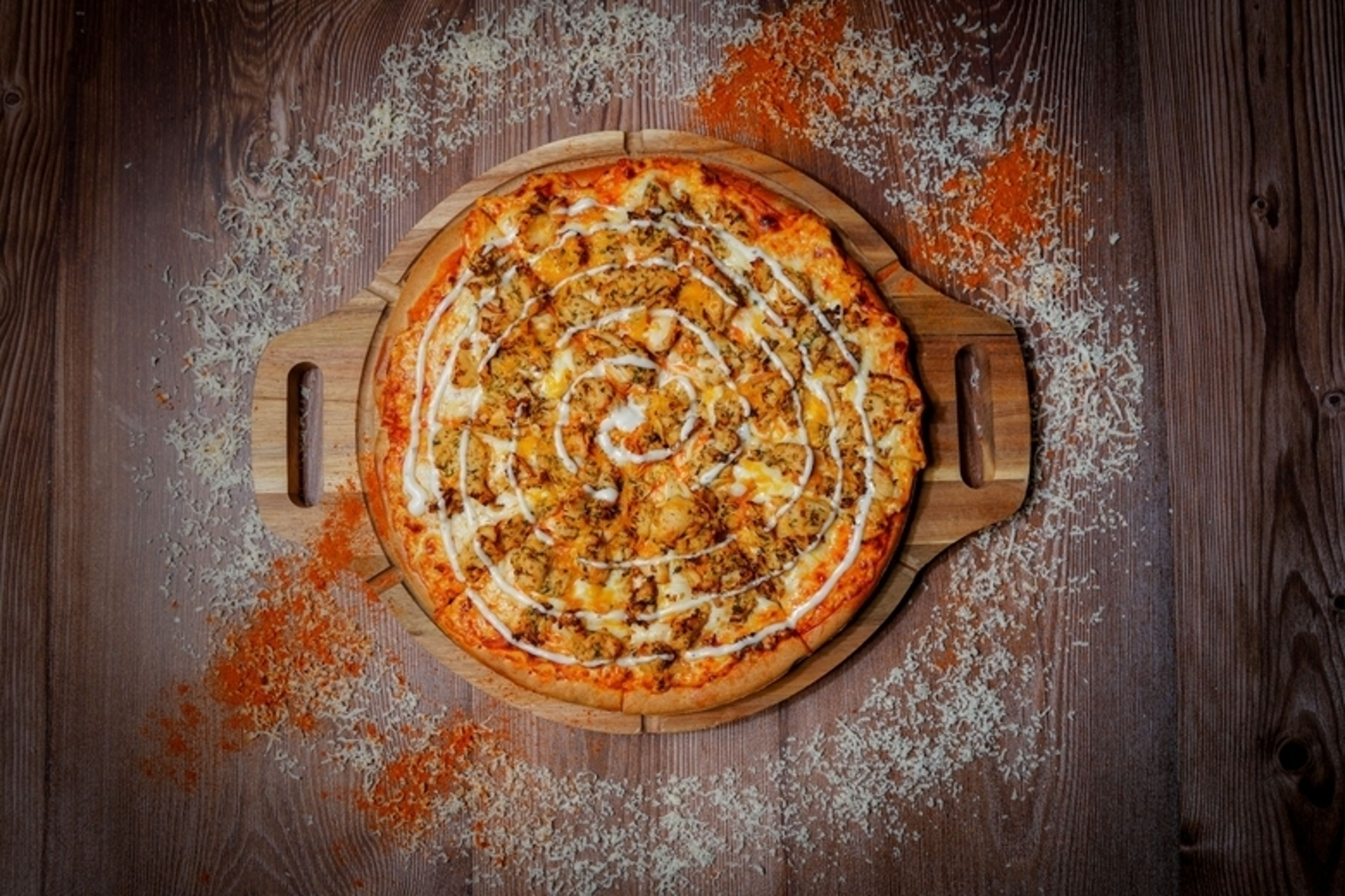 Desi Buffalo Chicken Pizza.