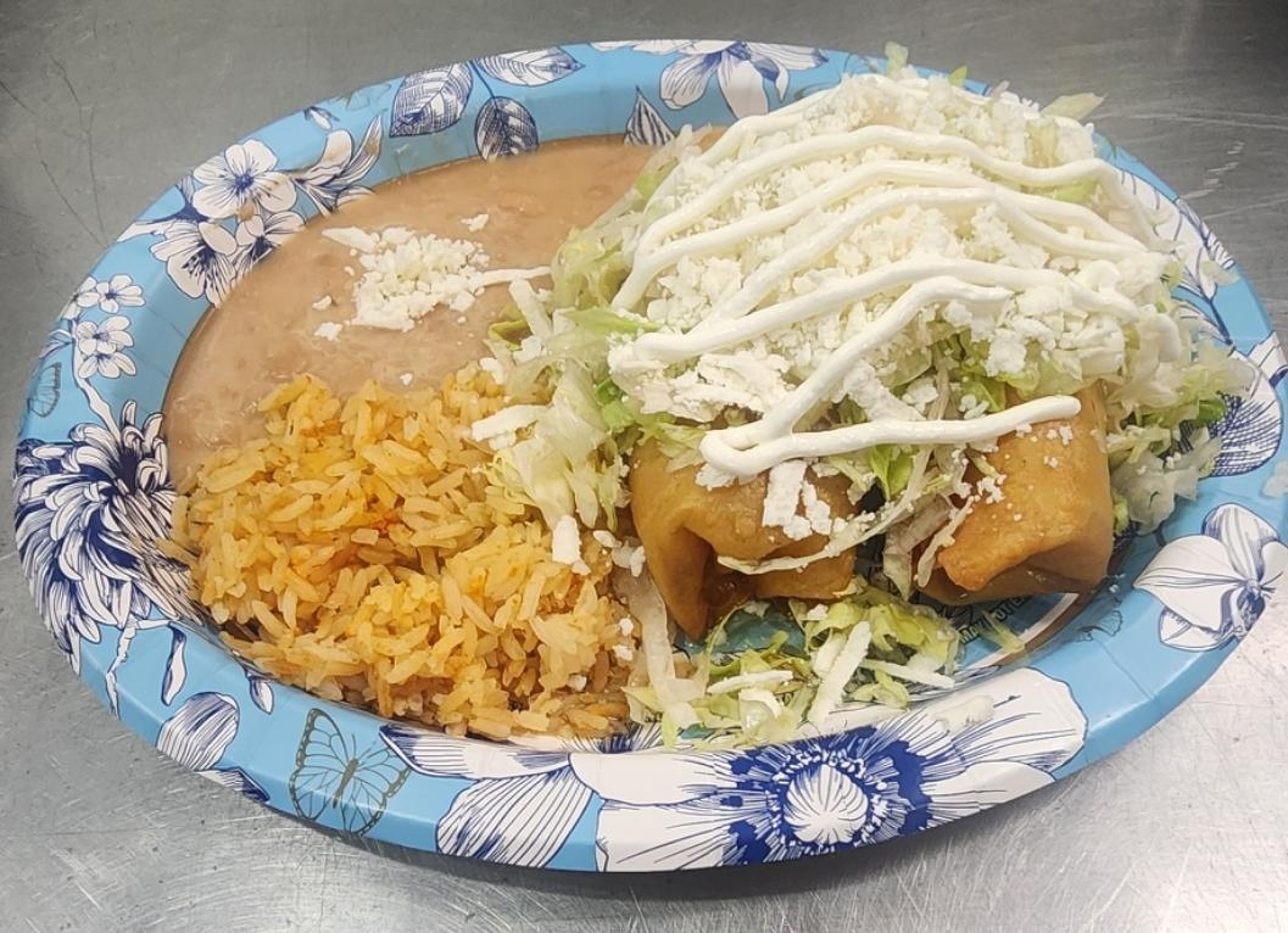 2  chicken chimichangas  rice, beans.
