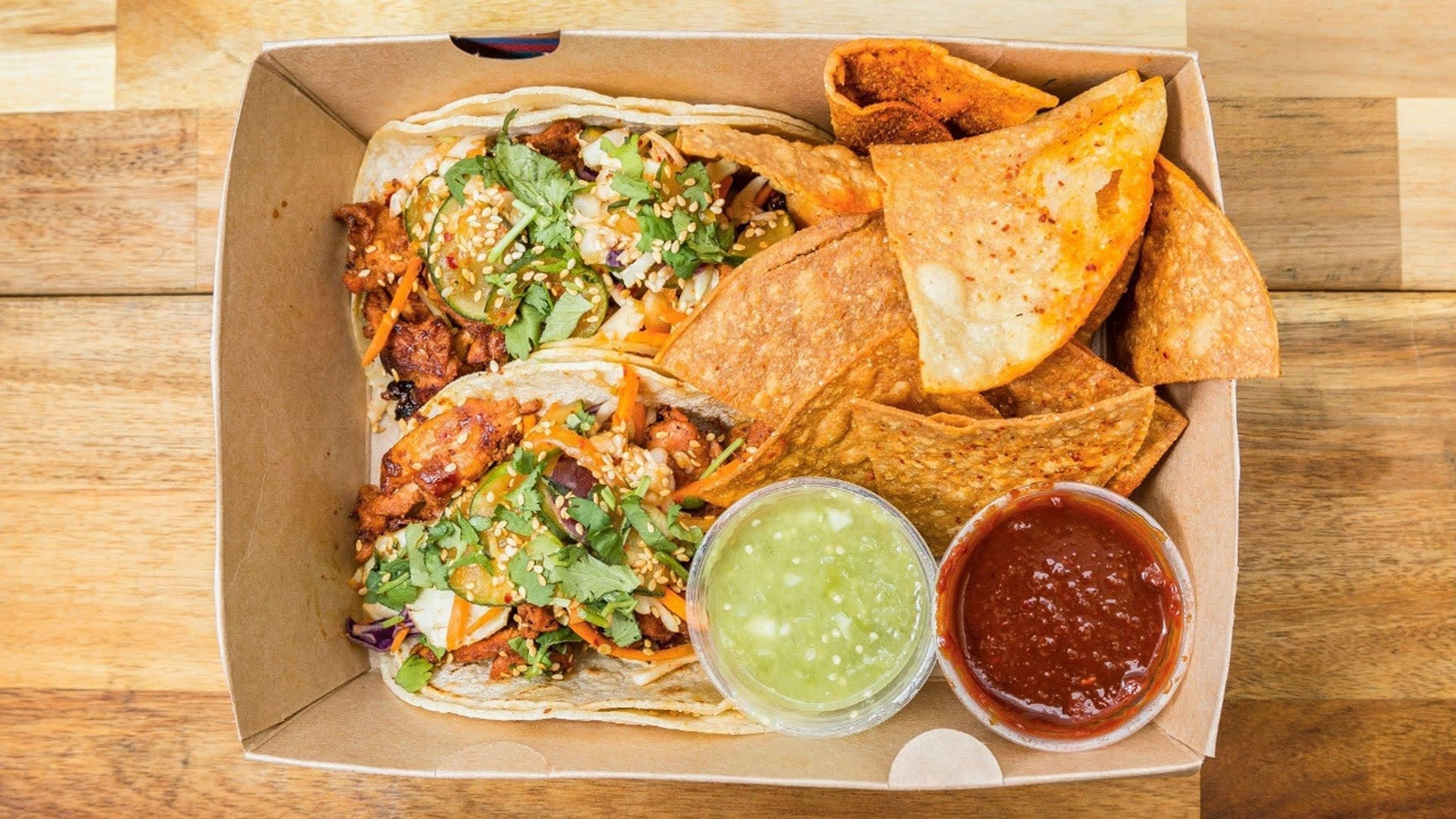 Two Tacos (Korean Style) + Tortilla Chips + Salsa.