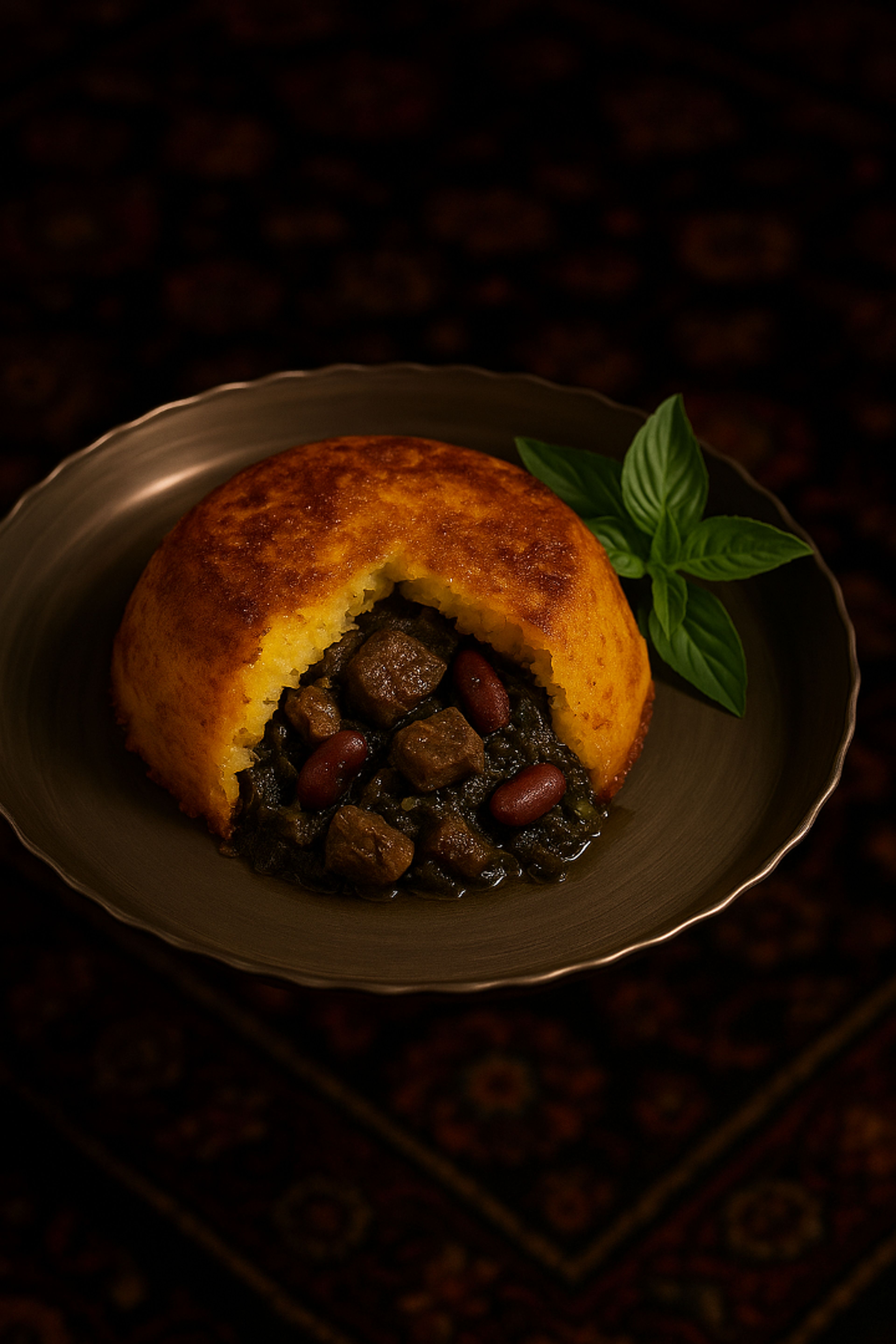 Ghormeh-Sabzi Tahchin (ته چین قورمه سبزی).