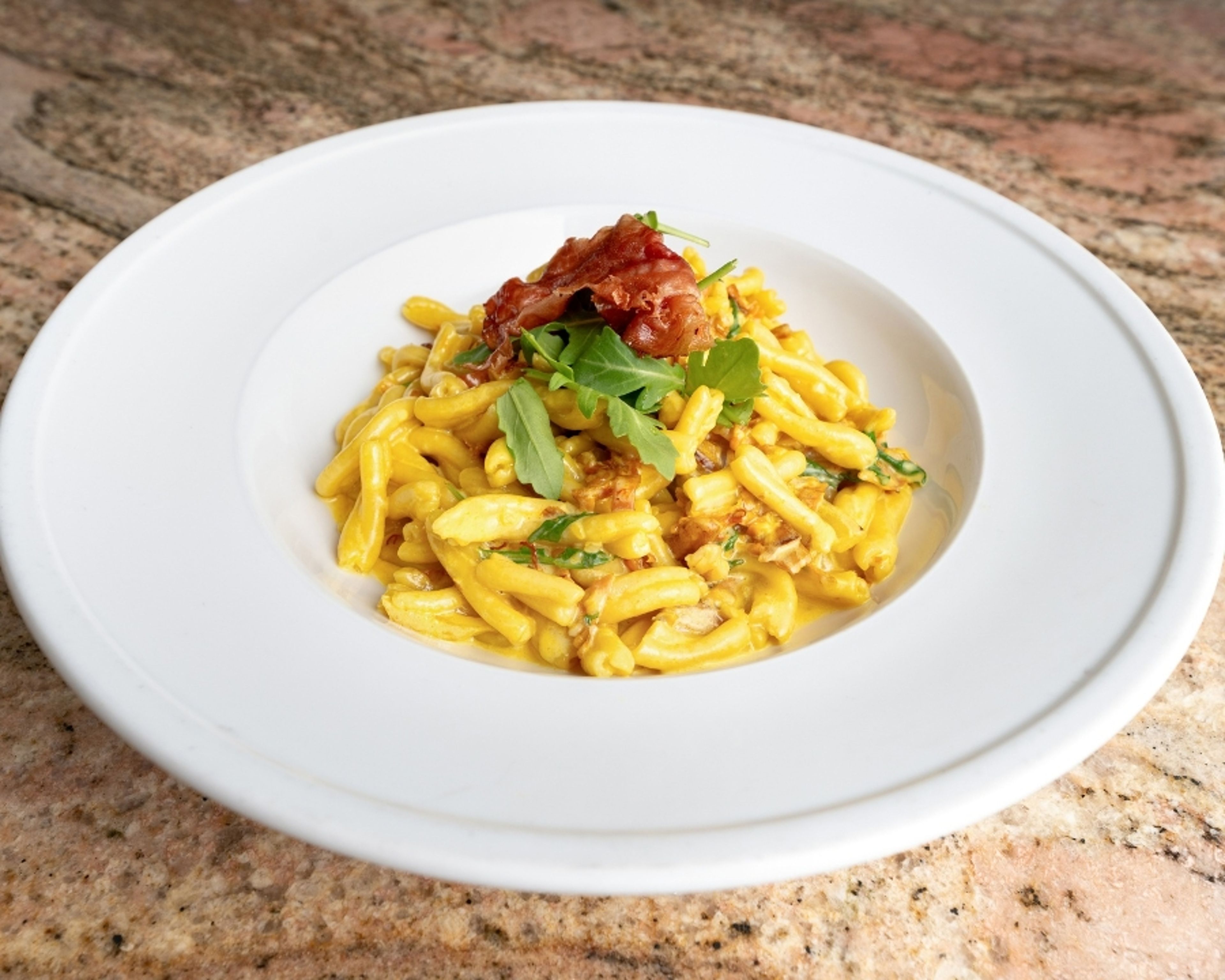 Garganelli Speck Rucola e Zafferano.