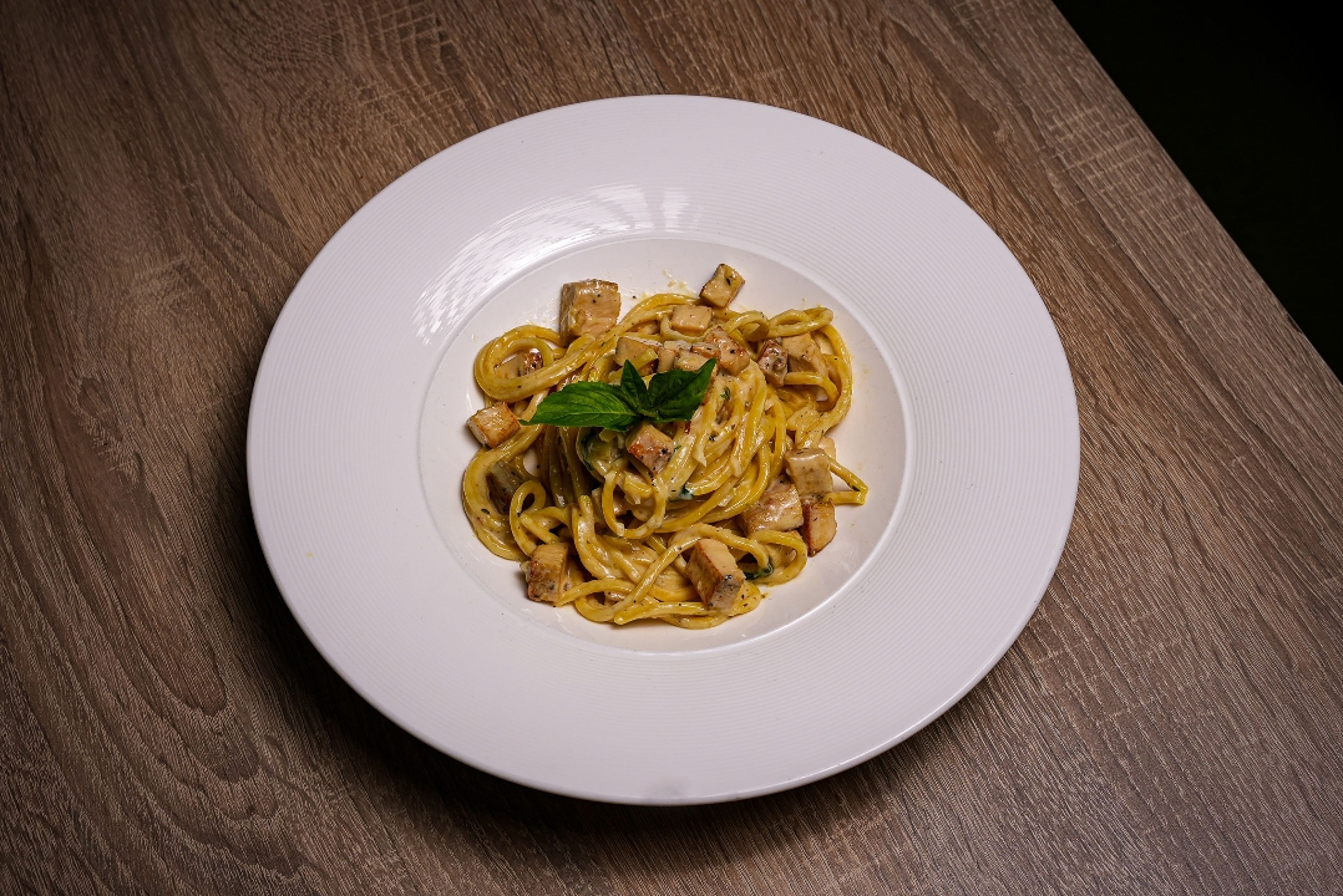 Spaghetti Alfredo with chicken.