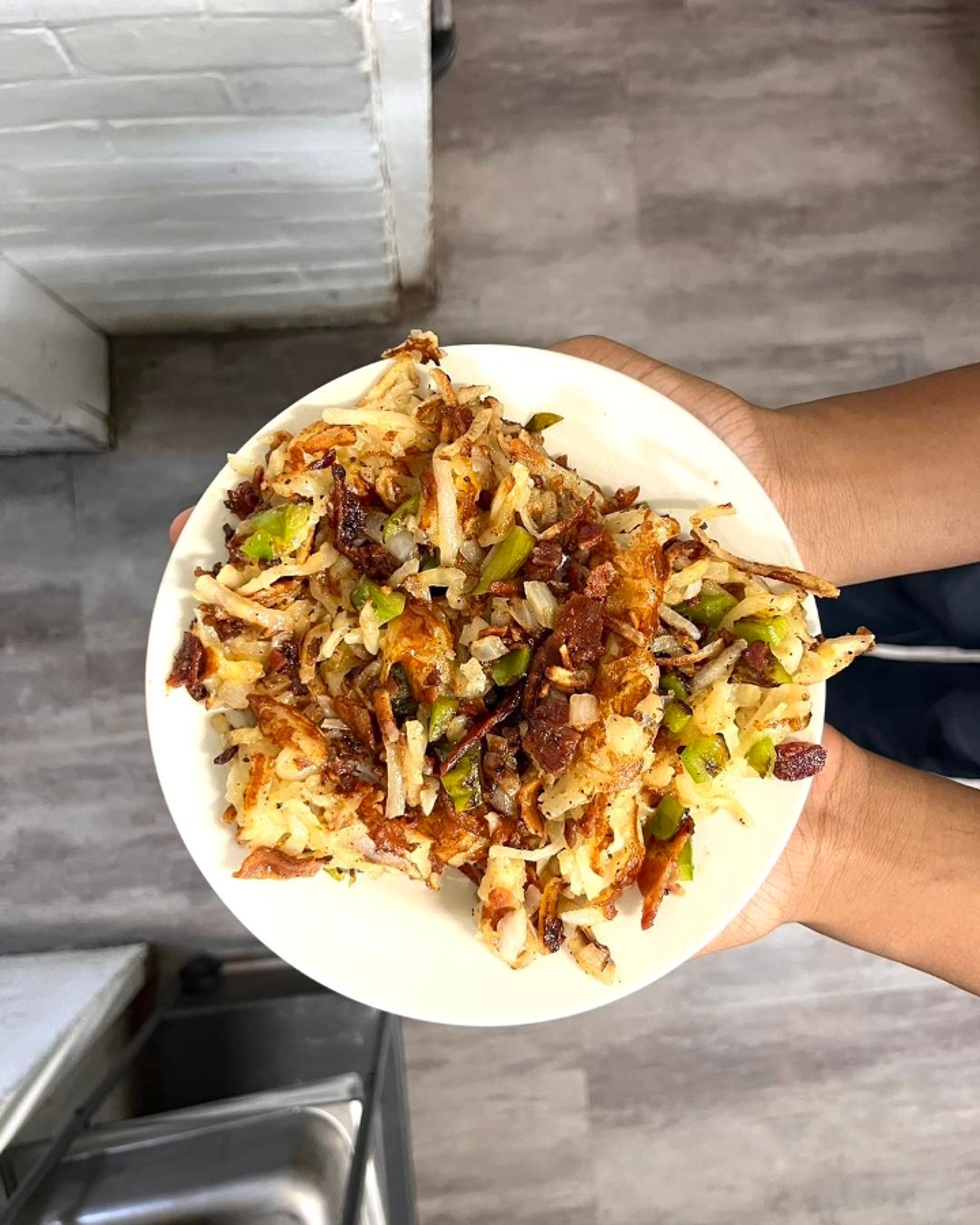 Loaded BPC Hasbrowns (add sauteed green peppers, onions, bacon).