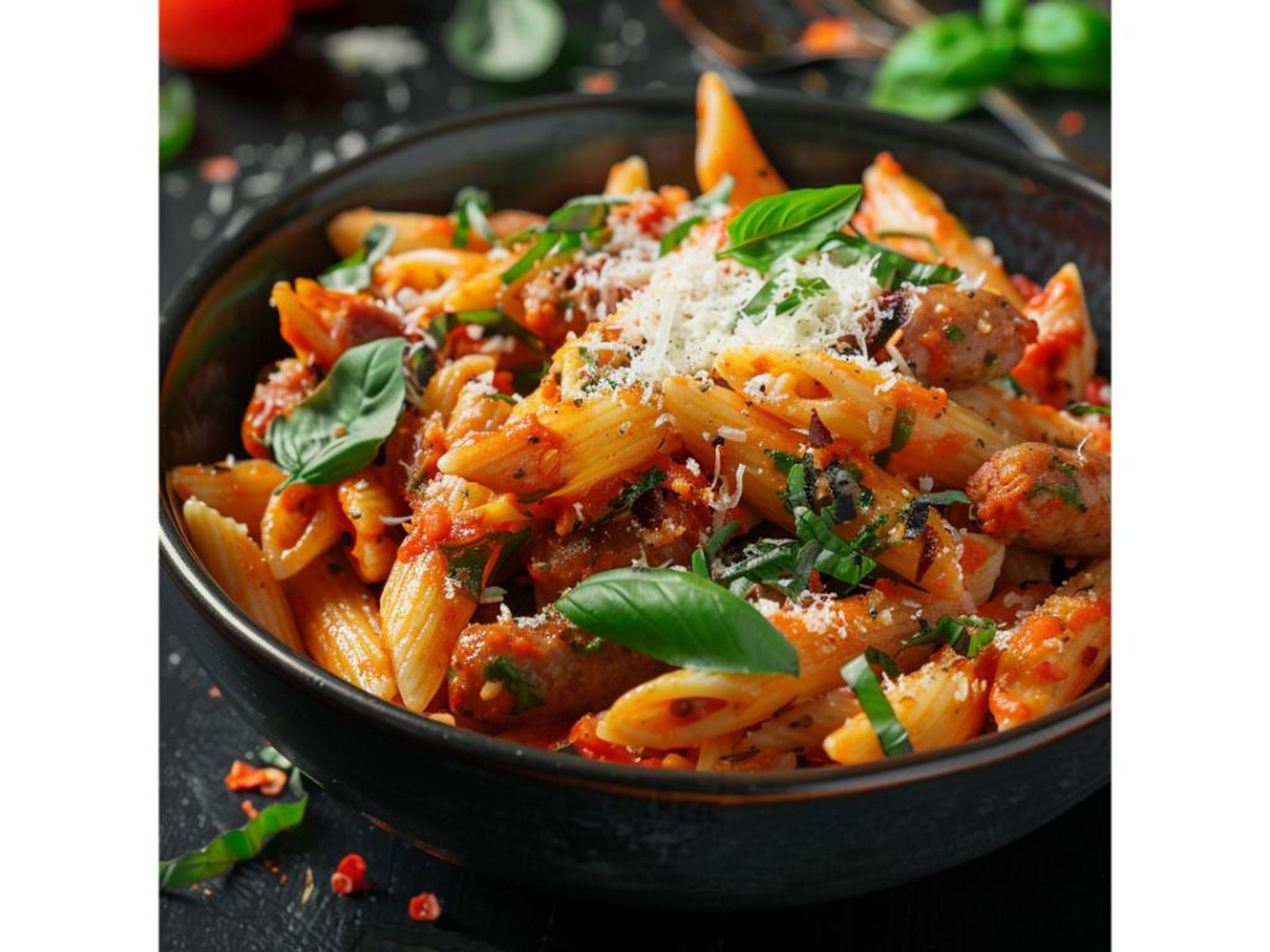 Meatballs and Penne Pasta.