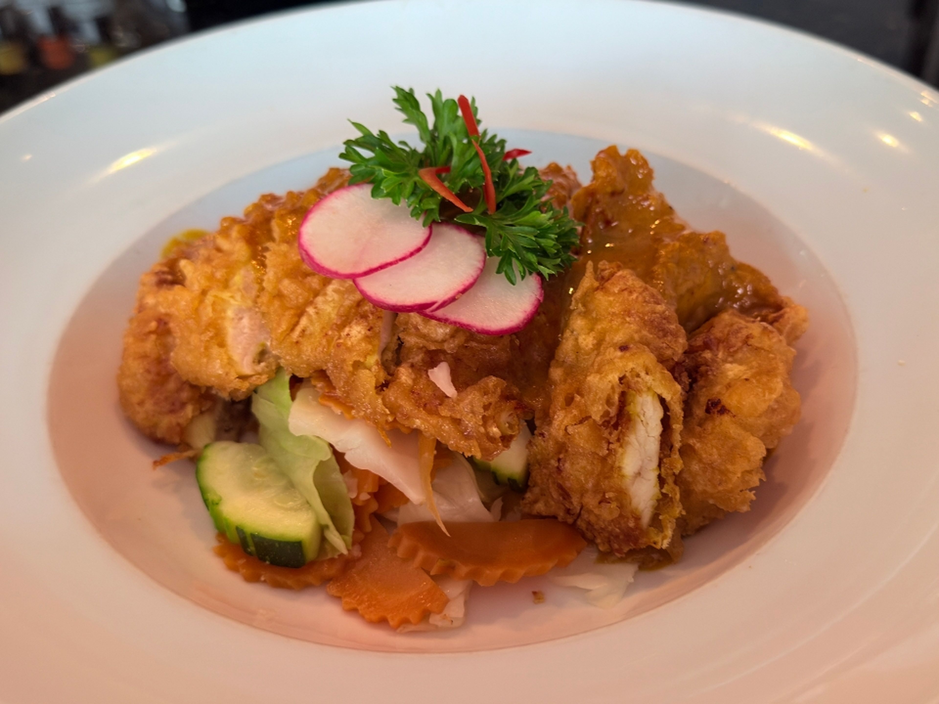 Crispy Chicken W/Three Flavor Sauce.