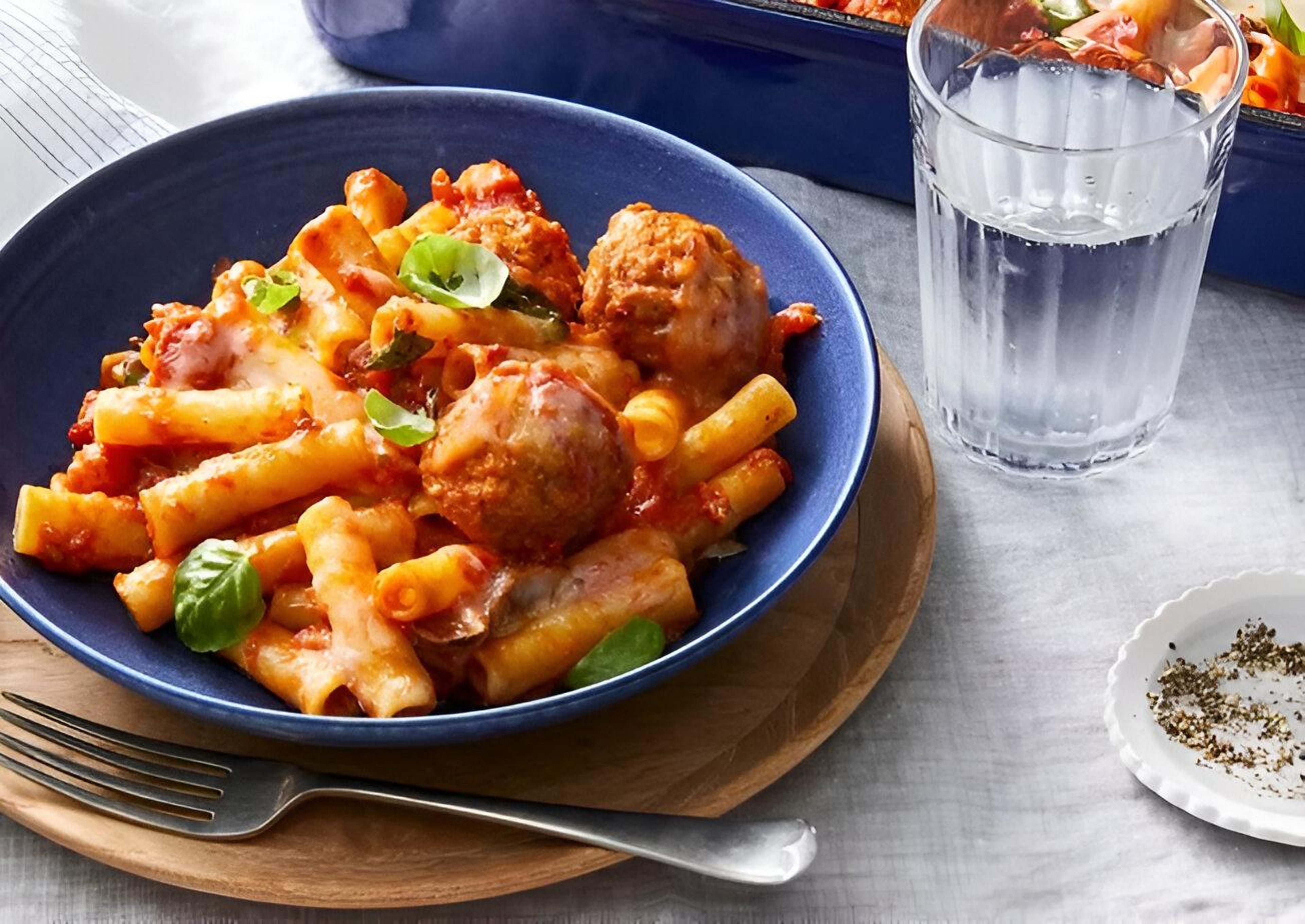 Ziti with meatball and sausage.