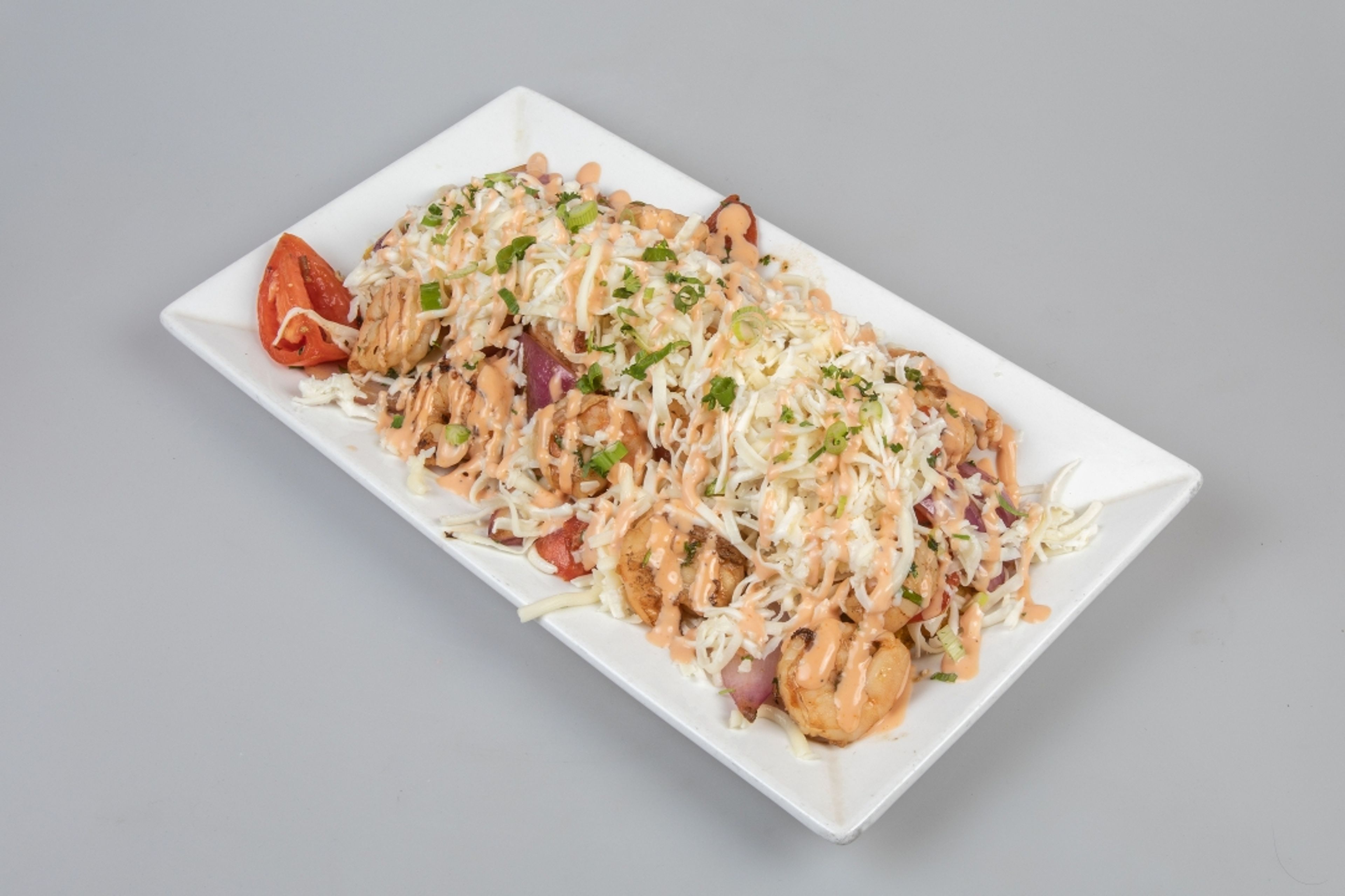 Fried Green Plantains With Wok Smoked Shrimp.