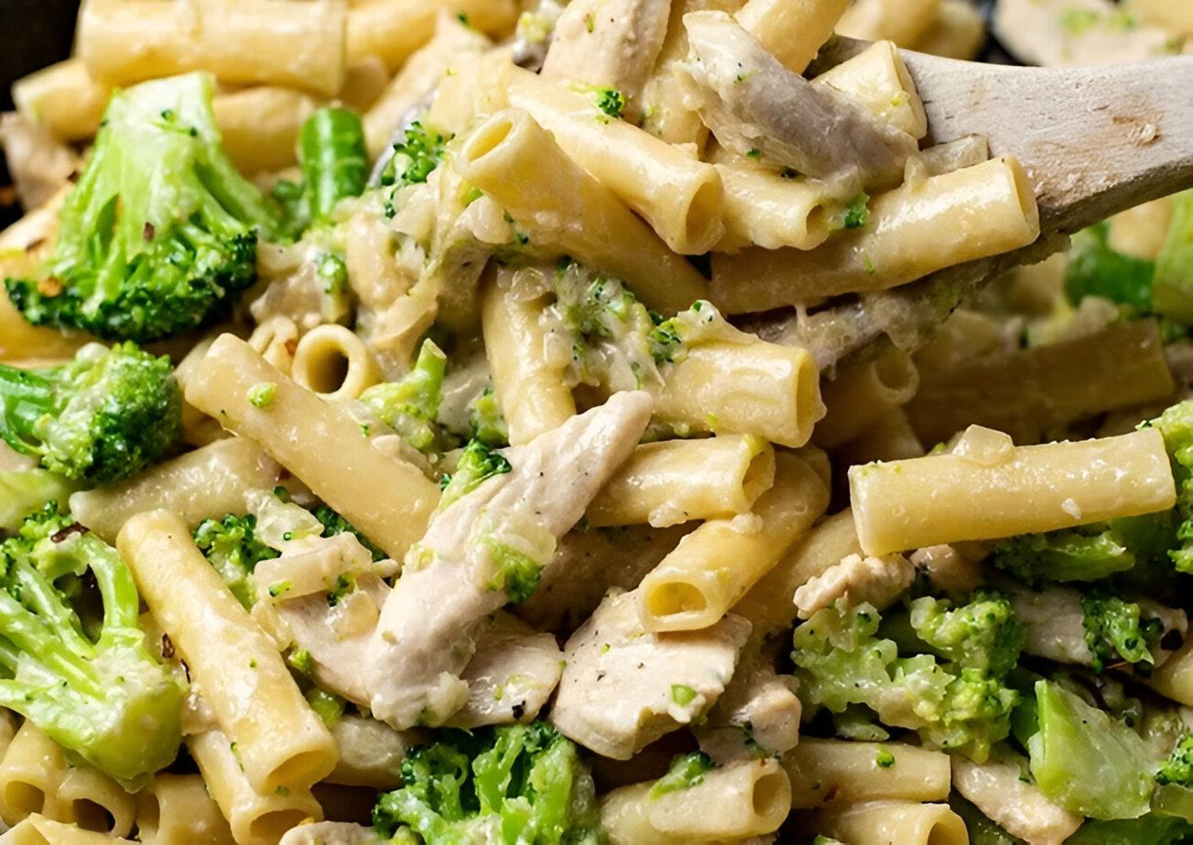 Chicken broccoli ziti with garlic butter.