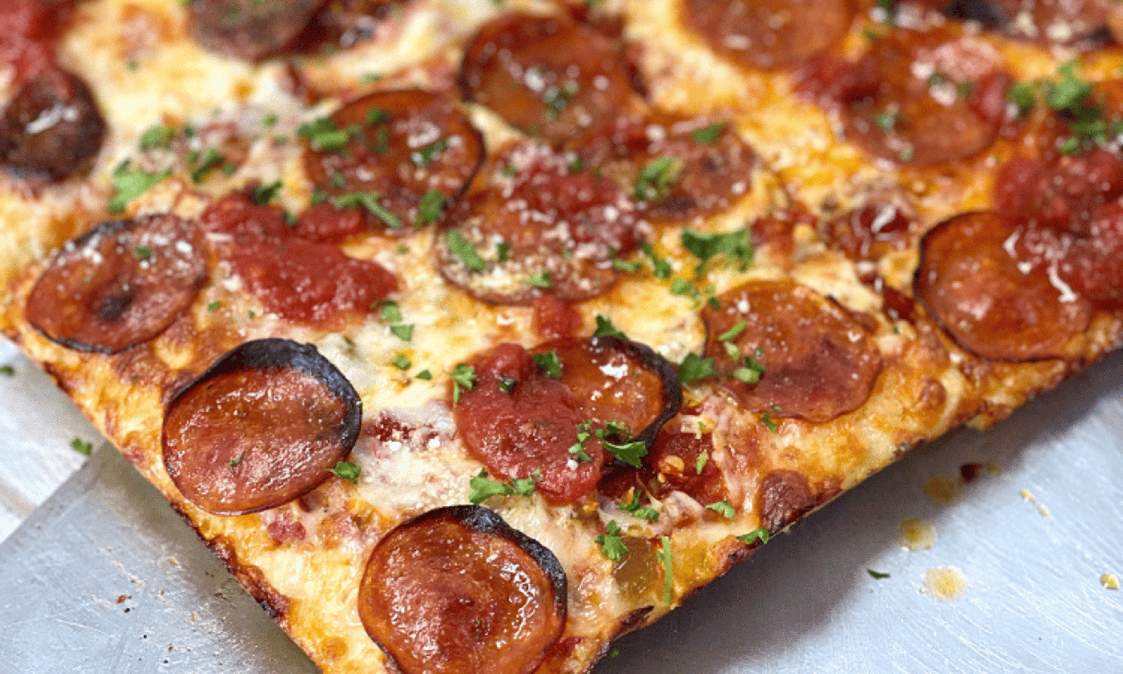 Spicy Pepperoni Grandma Pizza Pie.