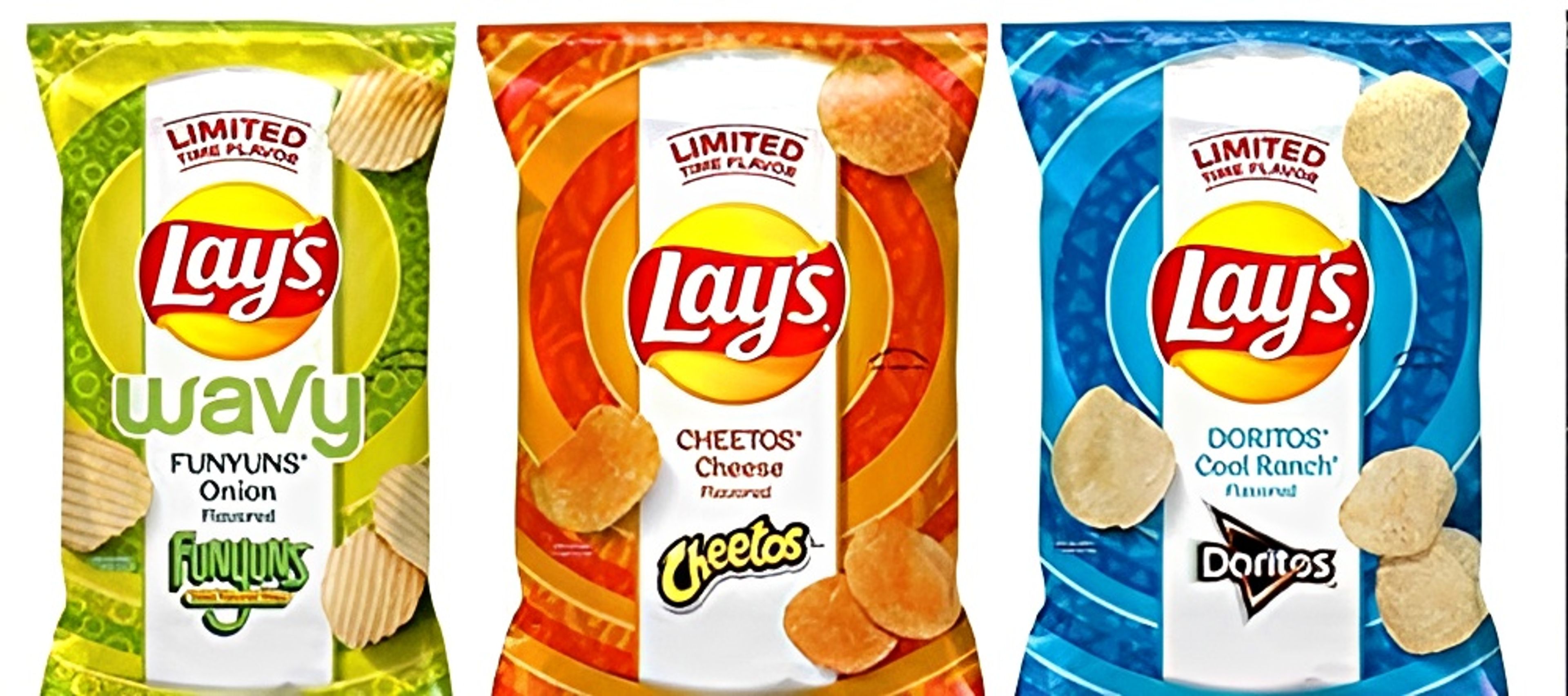 Lays 3 Flavor Variety Pack Doritos Cool Ranch, Cheetos Cheese Flavored, Funyuns Onion Flavored Potato Chips.