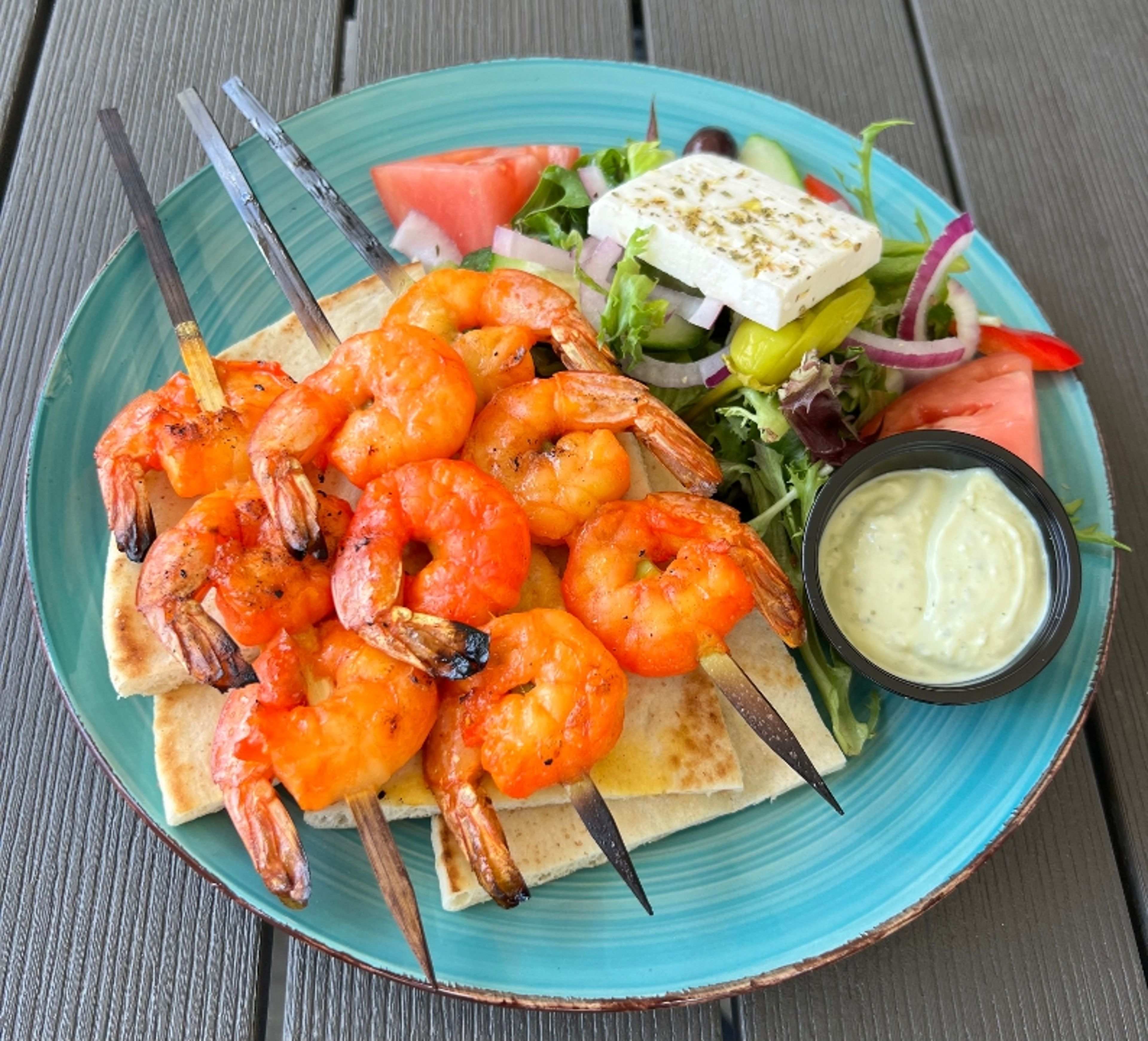Shrimp Souvlaki (kabob) combo.