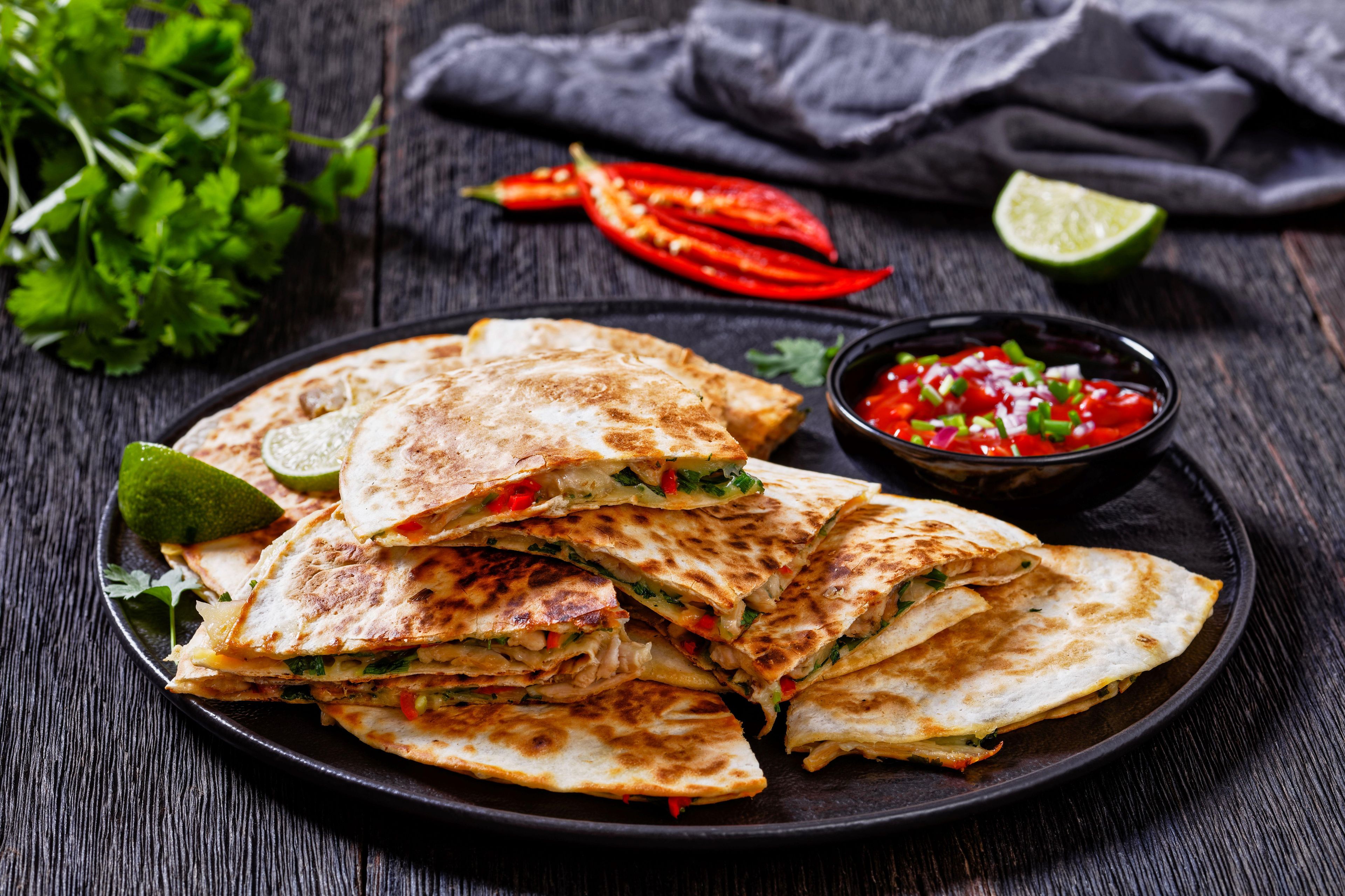 CHICKEN AND CHEESE QUESADILLA.