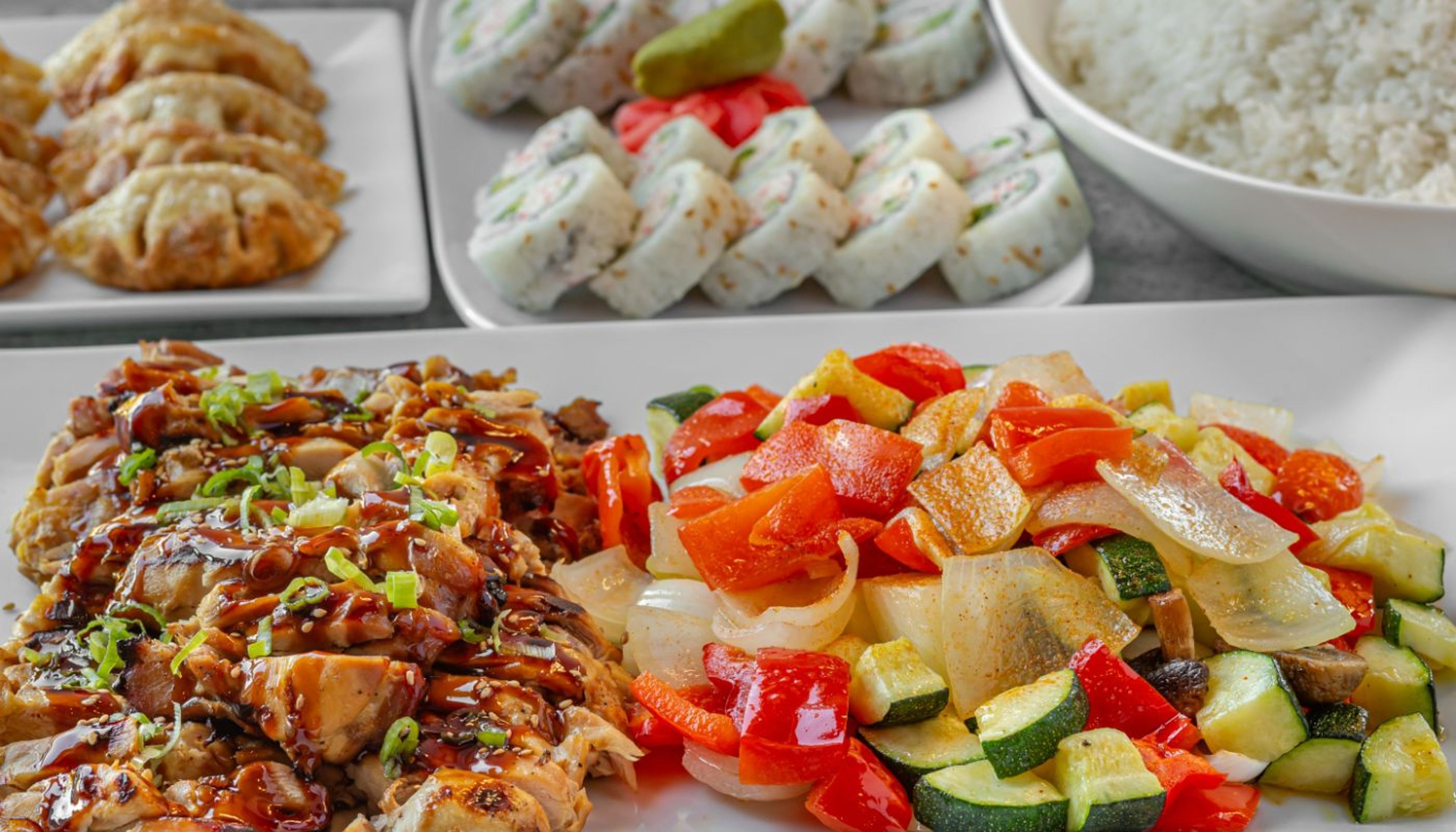 Chicken, Rice, Veggies, 10 Pc Potstickers, & 20 Pc California Roll.