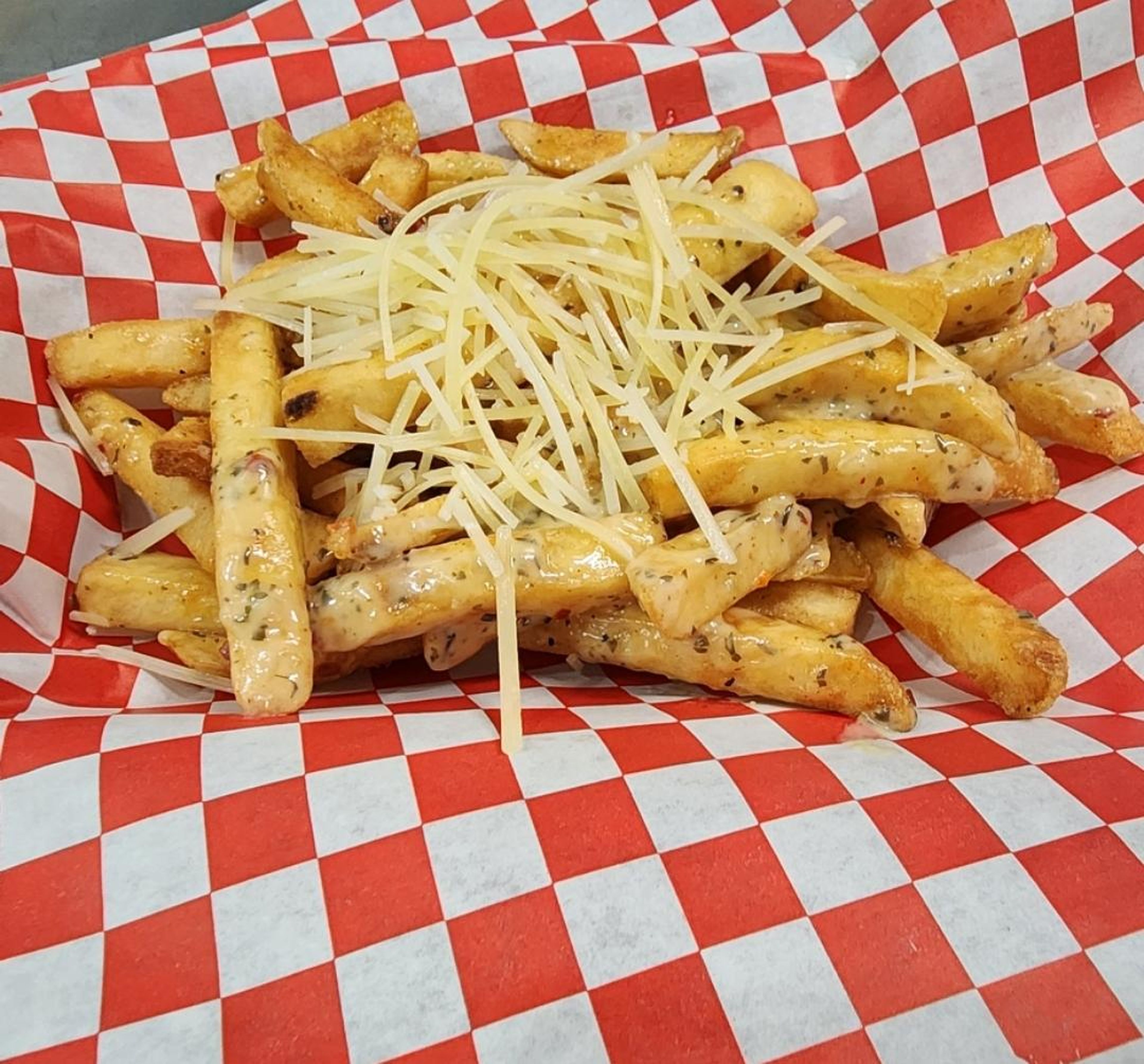 Parmesan Garlic fries with Parmesan cheese.