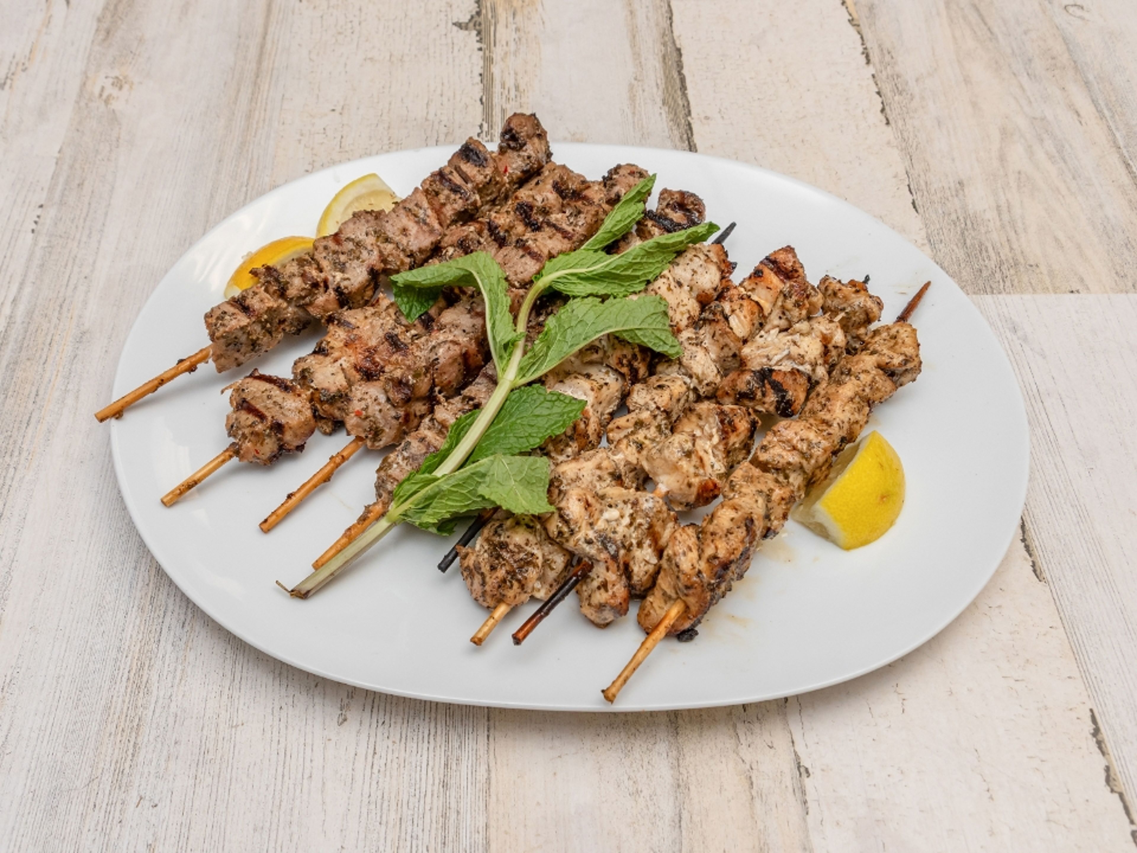 Chicken or Pork Souvlaki Skewers.
