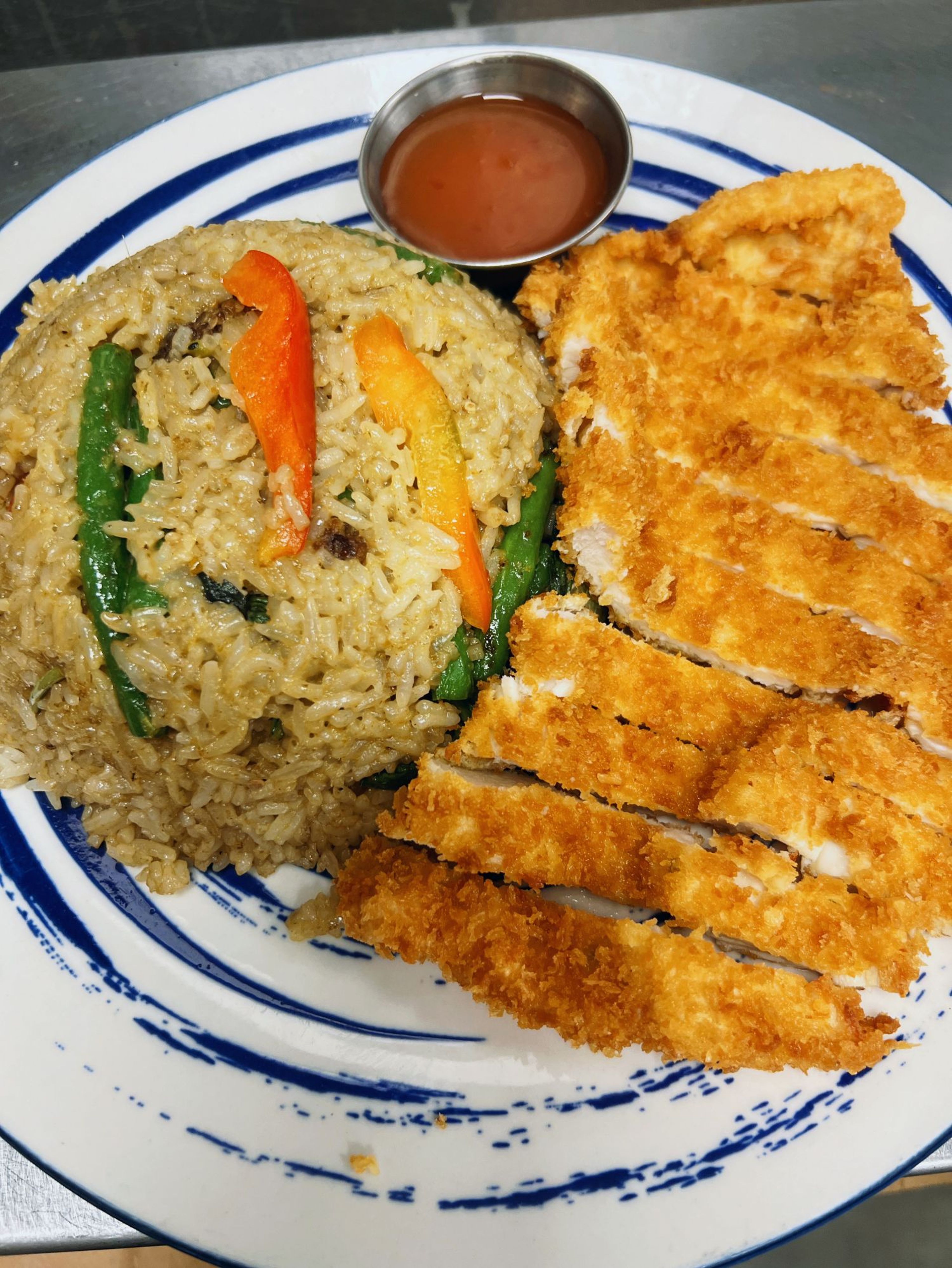 Green Curry Fried Rice with Crispy Chicken.